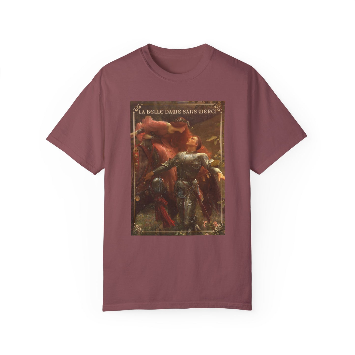 La Belle Dame Sans Merci Print T-Shirt Renaissance Renfaire Theme Merch Perfect Comfortable Medieval Festival Shirt Art History Lover Gift T-Shirt Printify Brick S