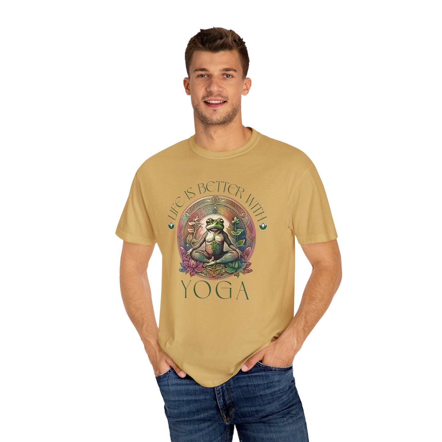 Green Yoga Frog Life Is Better With Yoga Unisex T-Shirt, Casual Wear, Highlander Fan Gift, T-Shirt Printify