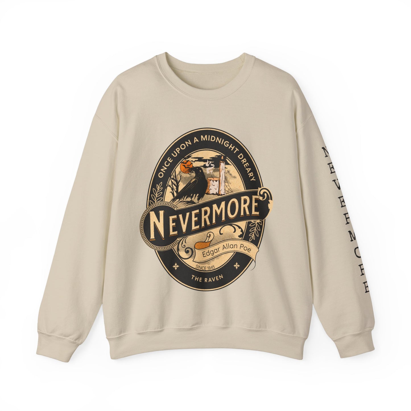 Edgar Allan Poe, Sleeve Print Nevermore The Raven Sweatshirt, Book Lover, Halloween, Haunting Gothic Gift, Light, Dark Academia, Horror Movie Sweater Sweatshirt Printify S Sand
