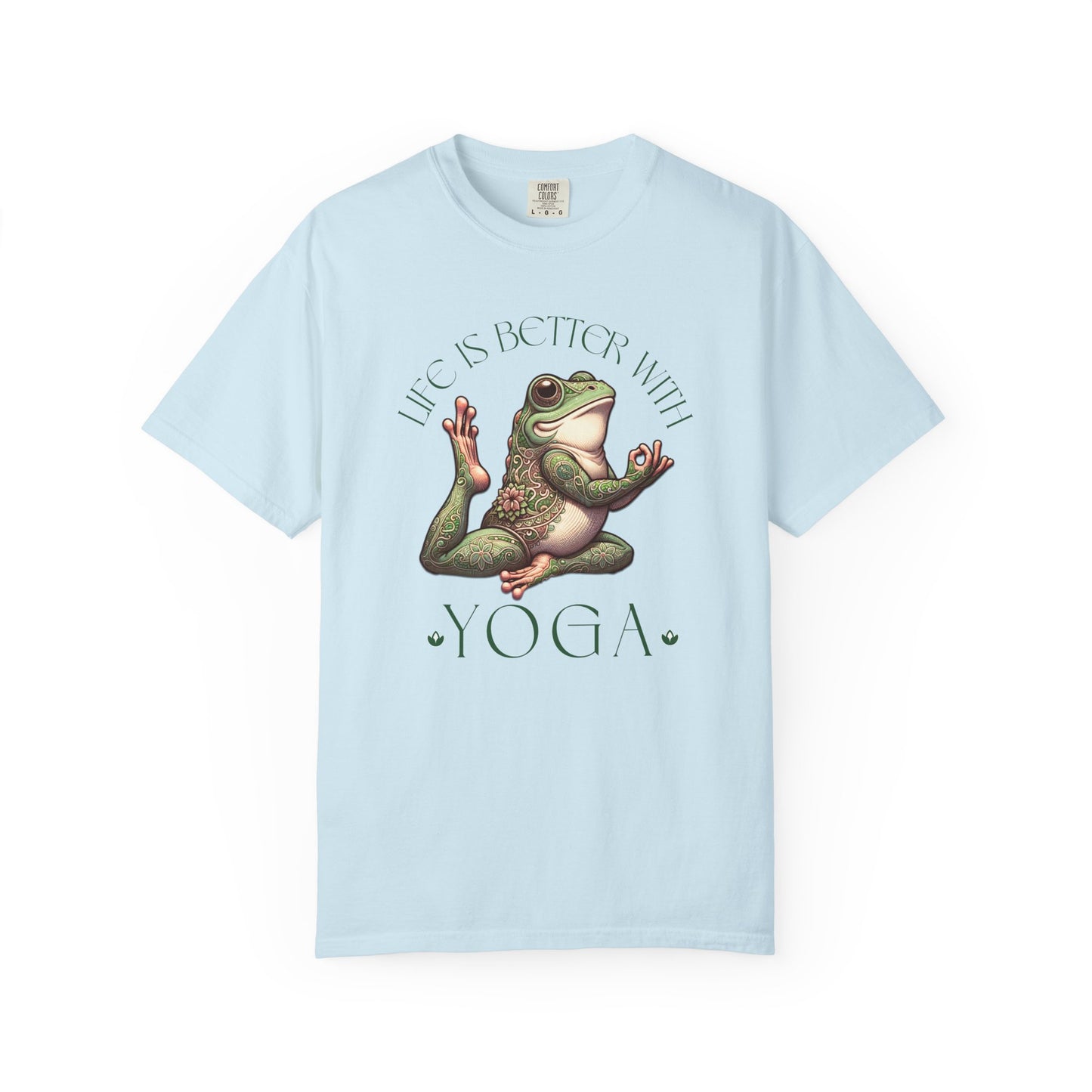 Green Yoga Frog Life Is Better With Yoga Unisex T-Shirt, Casual Wear, Highlander Fan Gift, T-Shirt Printify Chambray S