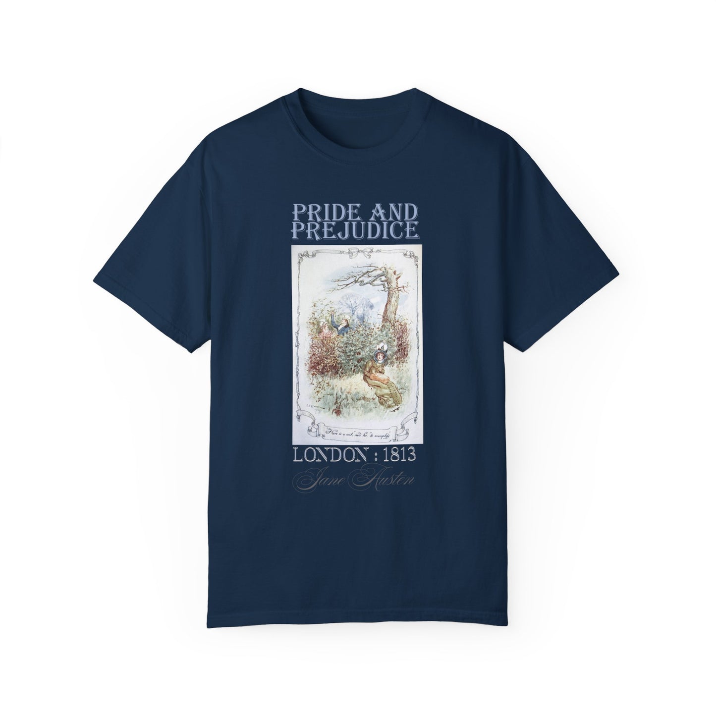 Jane Austen Comfort Colors TShirt, Pride & Prejudice Historical Romance, Bookish Literary Jane Austen Fan Art Gift for Her Bookclub Tee T-Shirt Printify True Navy S