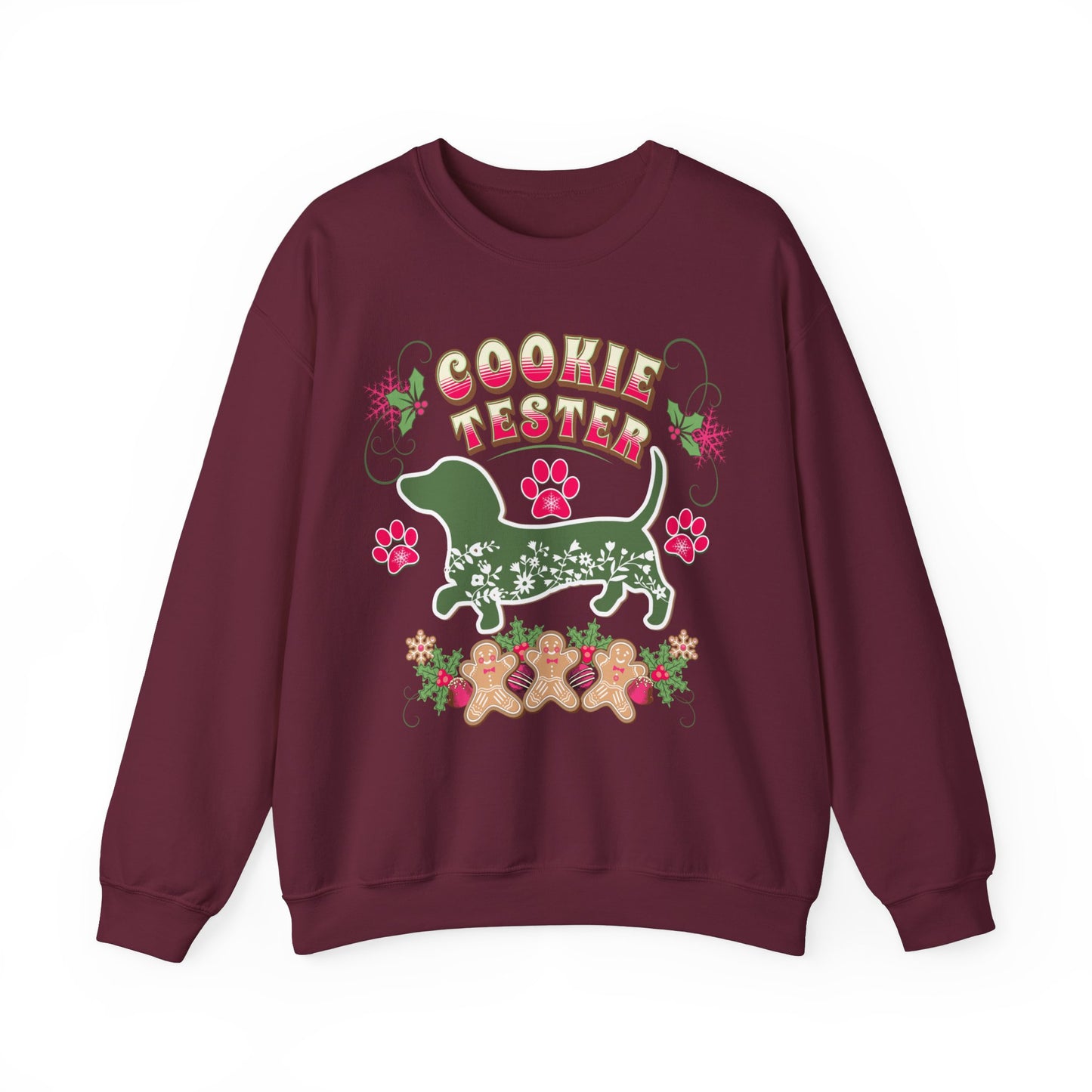 Christmas Dachshund Lover Baking Sweatshirt, Doxie Cookie Tester XMas T-Shirt, Dog Lover Shirt, Matching Family Christmas Cookie Baking Gift Sweatshirt Printify S Maroon