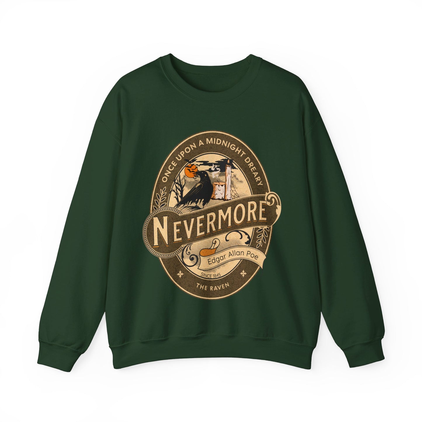 Edgar Allan Poe, Nevermore The Raven Sweatshirt, Book Lover, Halloween, Haunting Gothic Gift, Light, Dark Academia, Horror Movie Sweater Sweatshirt Printify S Forest Green