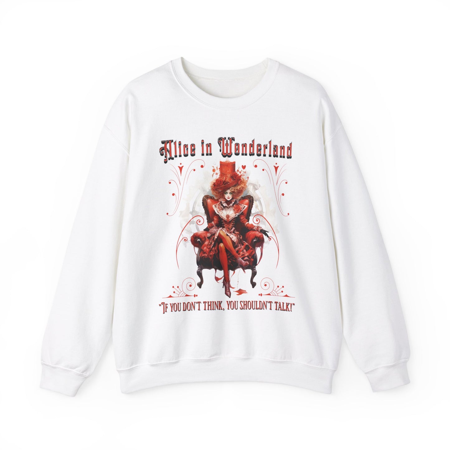 Queen of Hearts Sweatshirt, Alice In Wonderland Lewis Carroll Whimsigoth Academia Sweater Mad Hatter Tea Party Tee Bookish Booktok Gift Sweatshirt Printify S White