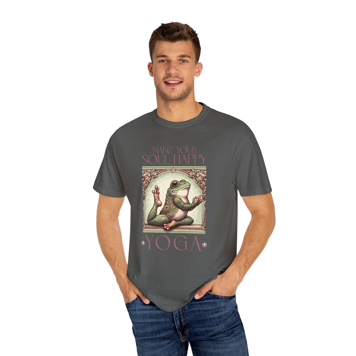 Yoga Frog Make Your Soul Happy Pink Unisex T-Shirt, Casual Wear, Highlander Fan Gift, Comfortable Graphic Tee T-Shirt Printify