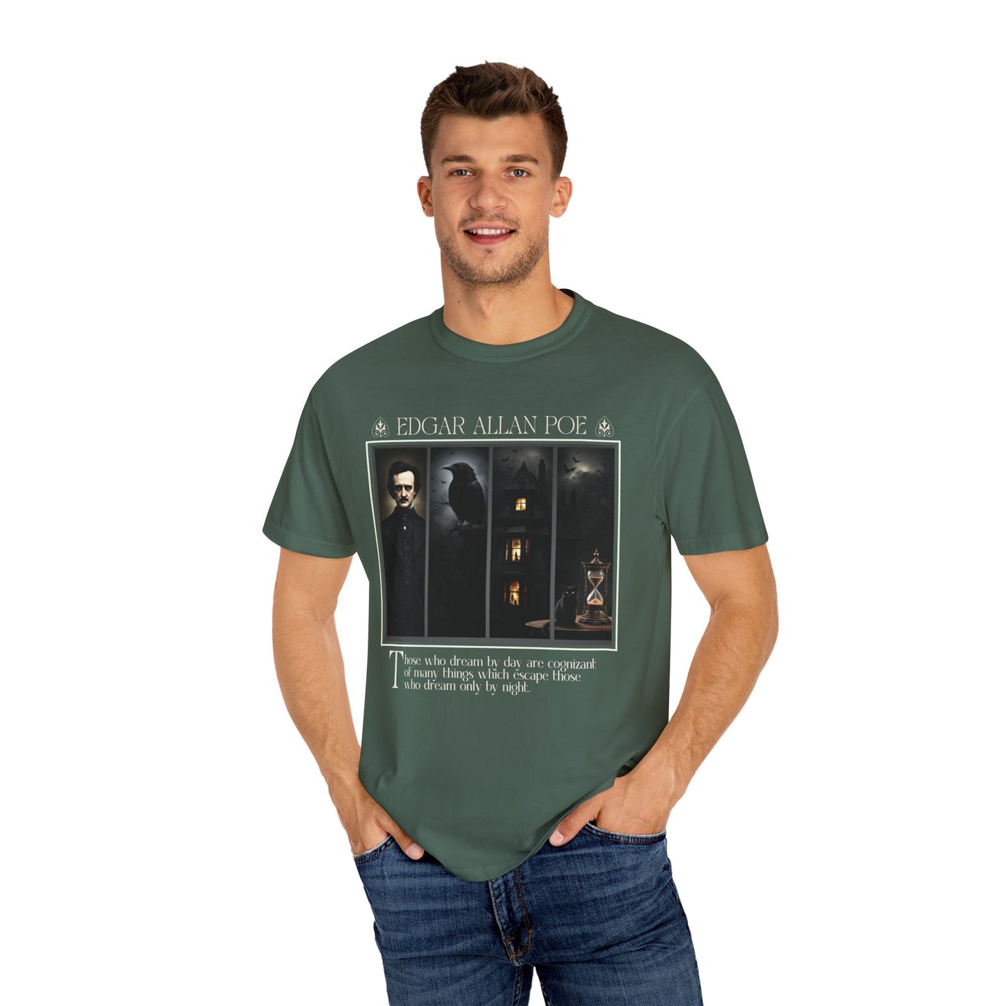 Edgar Allan Poe T-Shirt Gothic Graphic Tee The Raven Nevermore Quote Horror Literature Shirt Dark Academia Aesthetic Halloween Party Gift