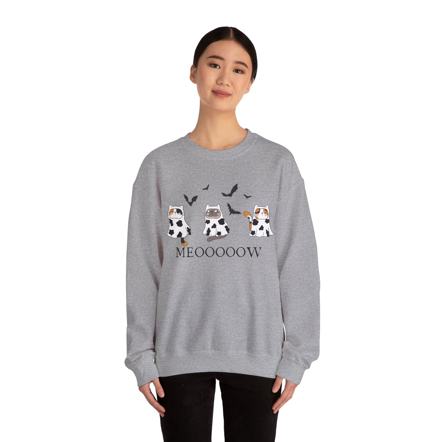 Cute Halloween Cow Ghost Cats Sweatshirt, Cats in Cow Ghost Costumes, Spooky Season Sweater, Halloween Party Shirt, Cat Lover Gift Sweatshirt Printify