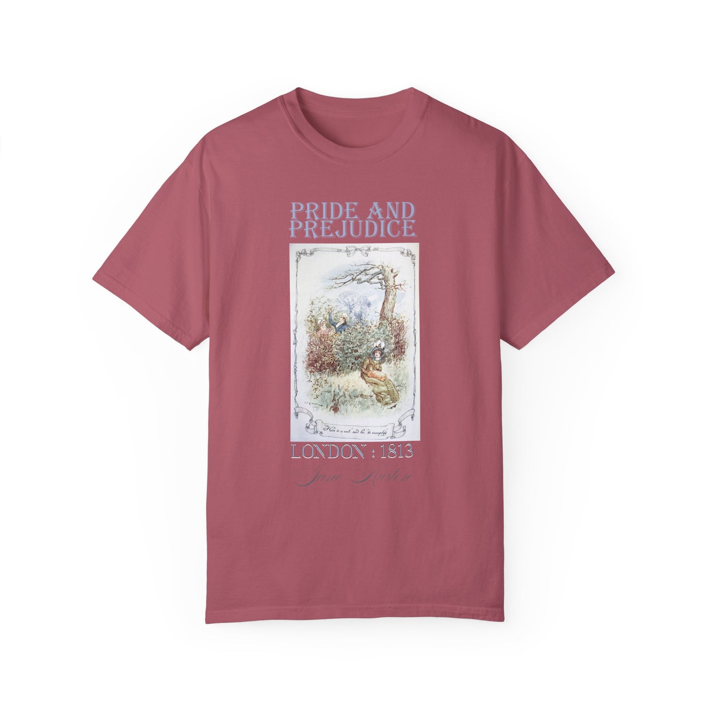 Jane Austen Comfort Colors TShirt, Pride & Prejudice Historical Romance, Bookish Literary Jane Austen Fan Art Gift for Her Bookclub Tee T-Shirt Printify Crimson S