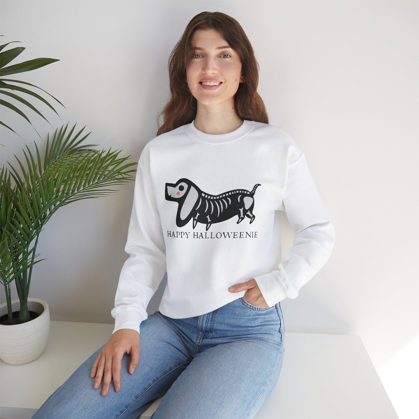 Funny Halloween Dachshund Lover Sweatshirt, Skeleton Dachshund Walking Graphic, Trick or Treat Shirt, Spooky Season, Happy Halloweenie Top Sweatshirt Printify