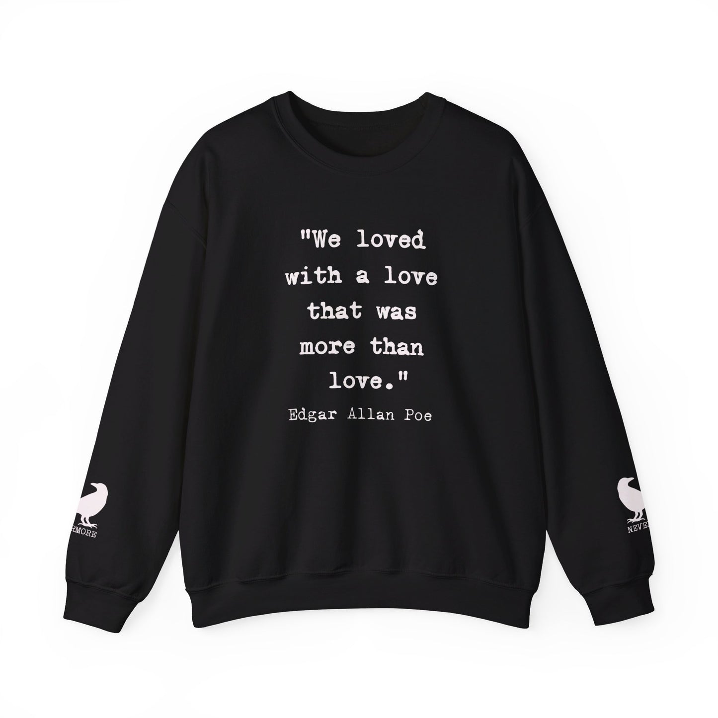Edgar Allan Poe Sleeve Print Vintage Raven Poem Sweatshirt, Poetry Book Lover Sweater, Haunting Gothic Gift, Light, Dark Academia, Nevermore Sweatshirt Printify S Black