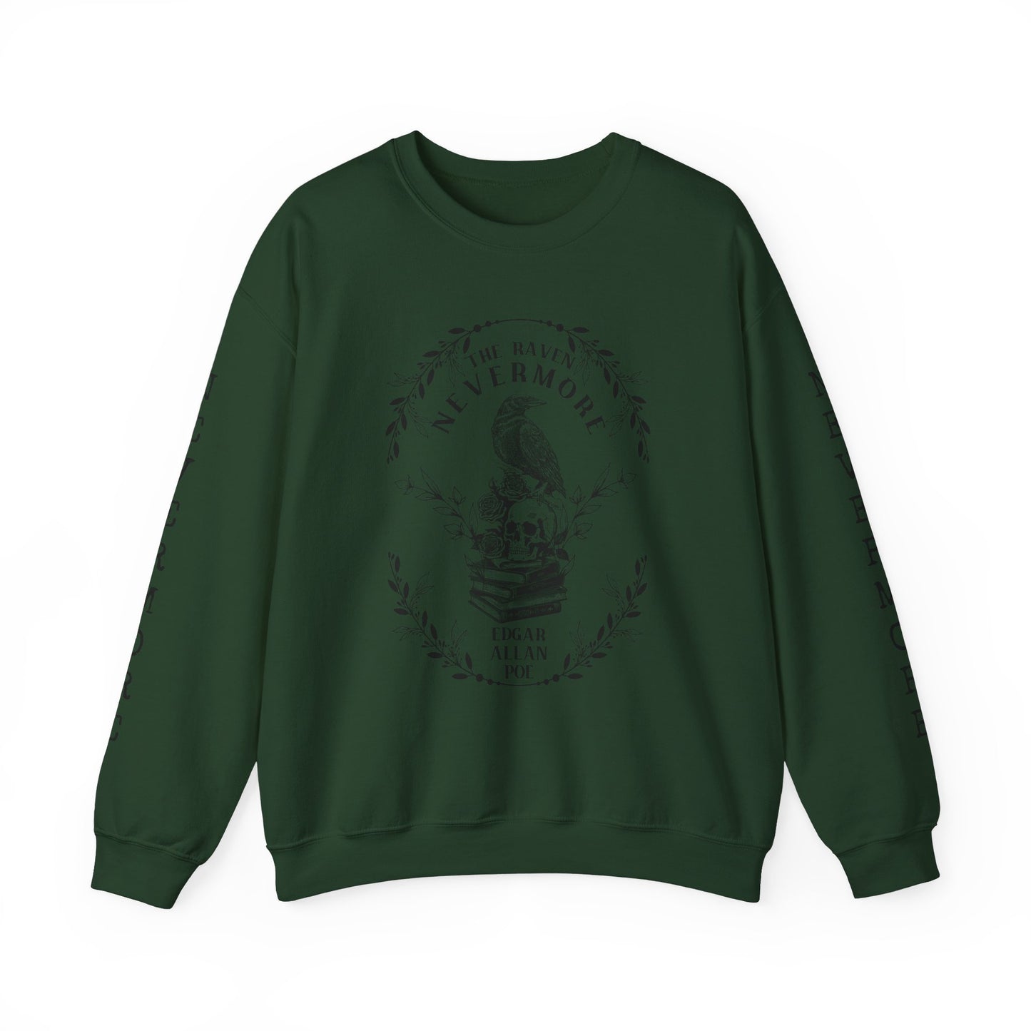 Edgar Allan Poe, Nevermore The Raven Sweatshirt, Book Lover, Halloween, Haunting Gothic Gift, Light, Dark Academia, Horror Movie Sweater Sweatshirt Printify S Forest Green