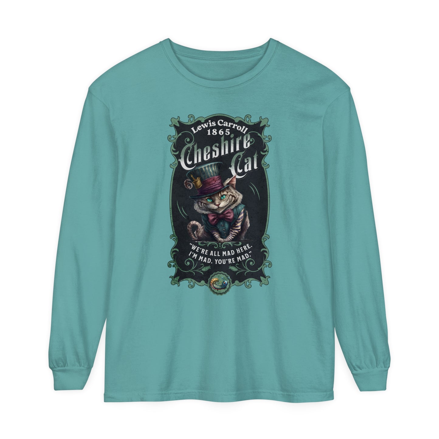 Cheshire Cat Long Sleeve Shirt, Alice in Wonderland, Lewis Carroll Dark Academia TShirt Mad Hatter Tea Party Bookish Book Lover Booktok Gift Long-sleeve Printify Seafoam S