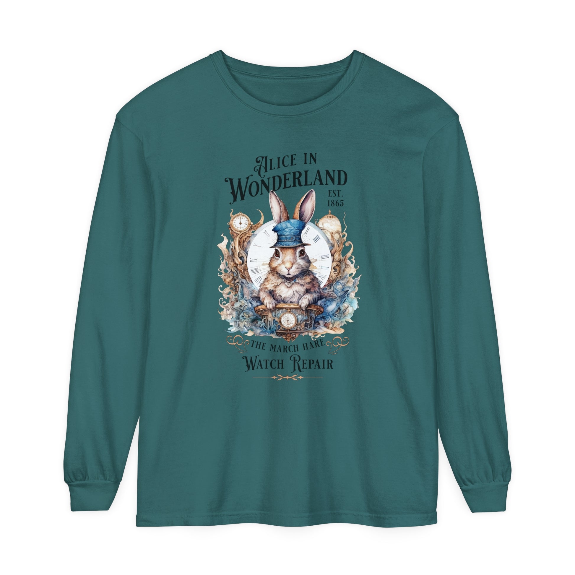 Alice in Wonderland Long Sleeve Shirt, Lewis Carroll Dark Academia TShirt, Mad Hatter Tea Party March Hare White Rabbit Bookish Booktok Gift Long-sleeve Printify Blue Spruce S