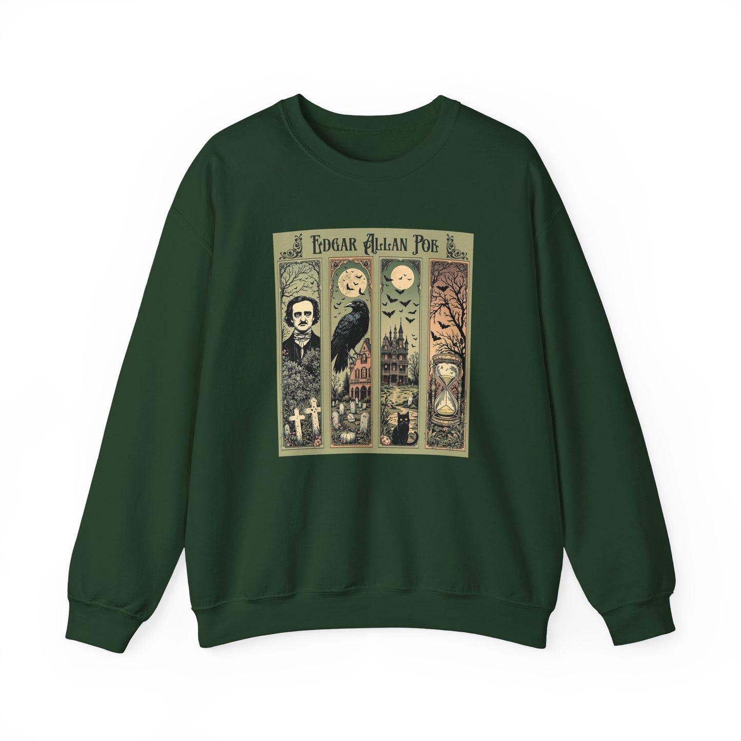 Edgar Allan Poe Sweatshirt The Raven Nevermore Gothic Horror Sweater Dark Academia Macabre Halloween Gift for Book Lovers Birthday Christmas Sweatshirt Printify Forest Green S