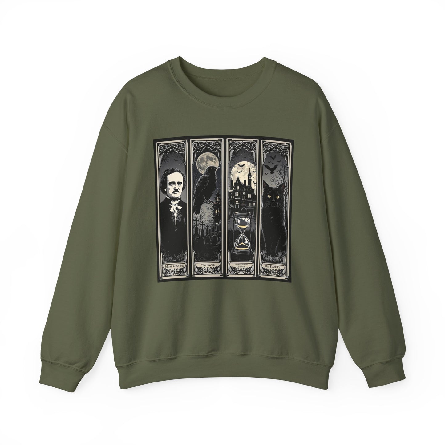 Edgar Allan Poe Sweatshirt The Raven Nevermore Gothic Horror Sweater Dark Academia Macabre Halloween Gift for Book Lovers Birthday Christmas Sweatshirt Printify Military Green S