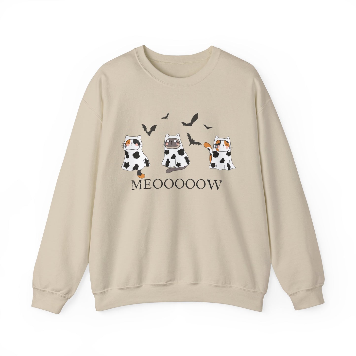Cute Halloween Cow Ghost Cats Sweatshirt, Cats in Cow Ghost Costumes, Spooky Season Sweater, Halloween Party Shirt, Cat Lover Gift Sweatshirt Printify S Sand