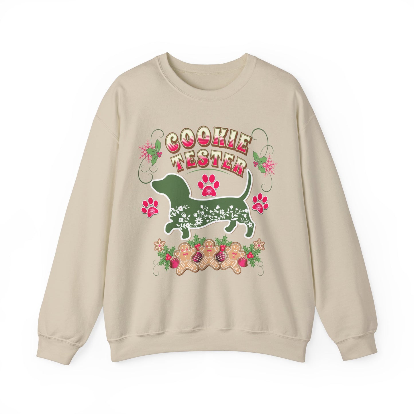 Christmas Dachshund Lover Baking Sweatshirt, Doxie Cookie Tester XMas T-Shirt, Dog Lover Shirt, Matching Family Christmas Cookie Baking Gift Sweatshirt Printify S Sand