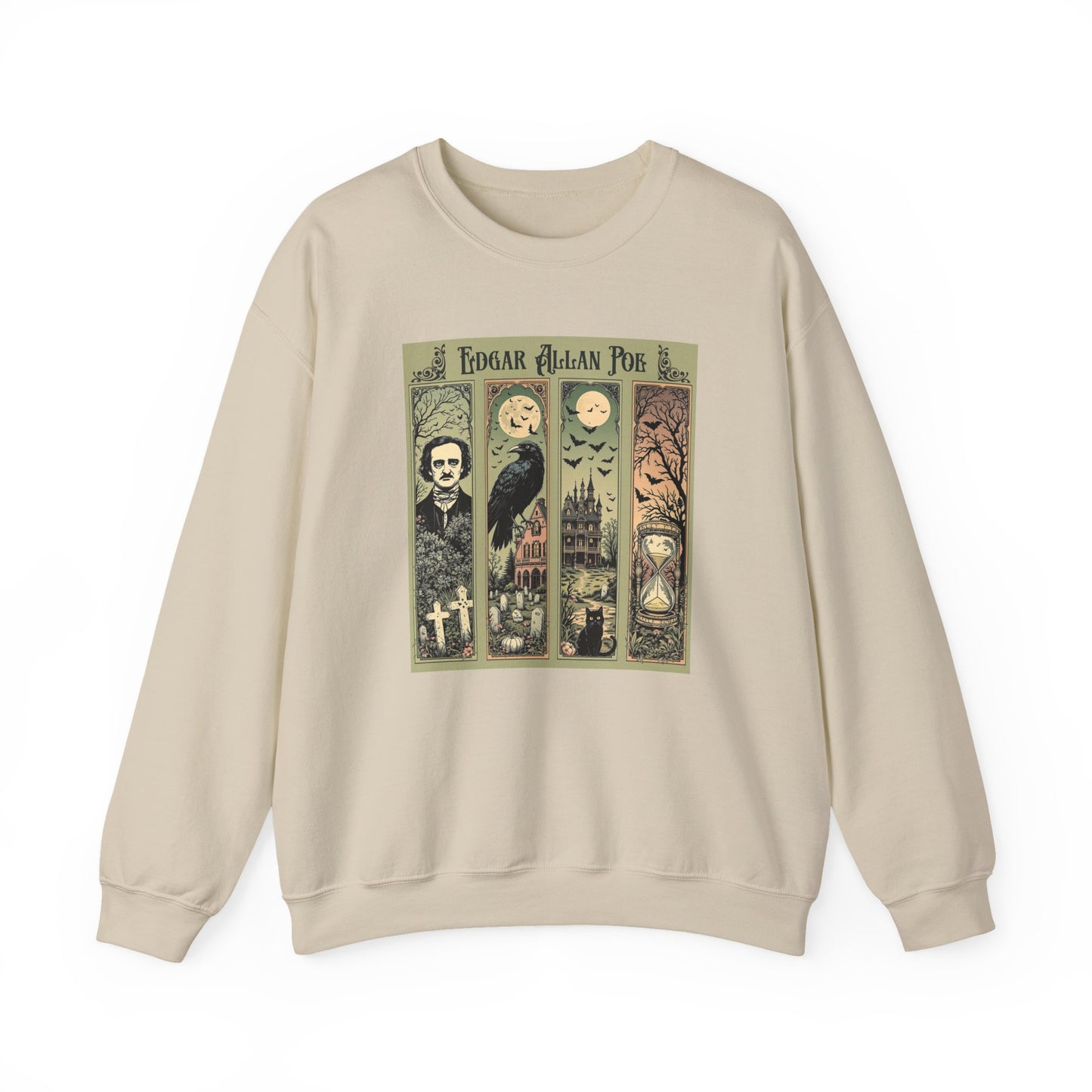 Edgar Allan Poe Sweatshirt The Raven Nevermore Gothic Horror Sweater Dark Academia Macabre Halloween Gift for Book Lovers Birthday Christmas Sweatshirt Printify Sand S