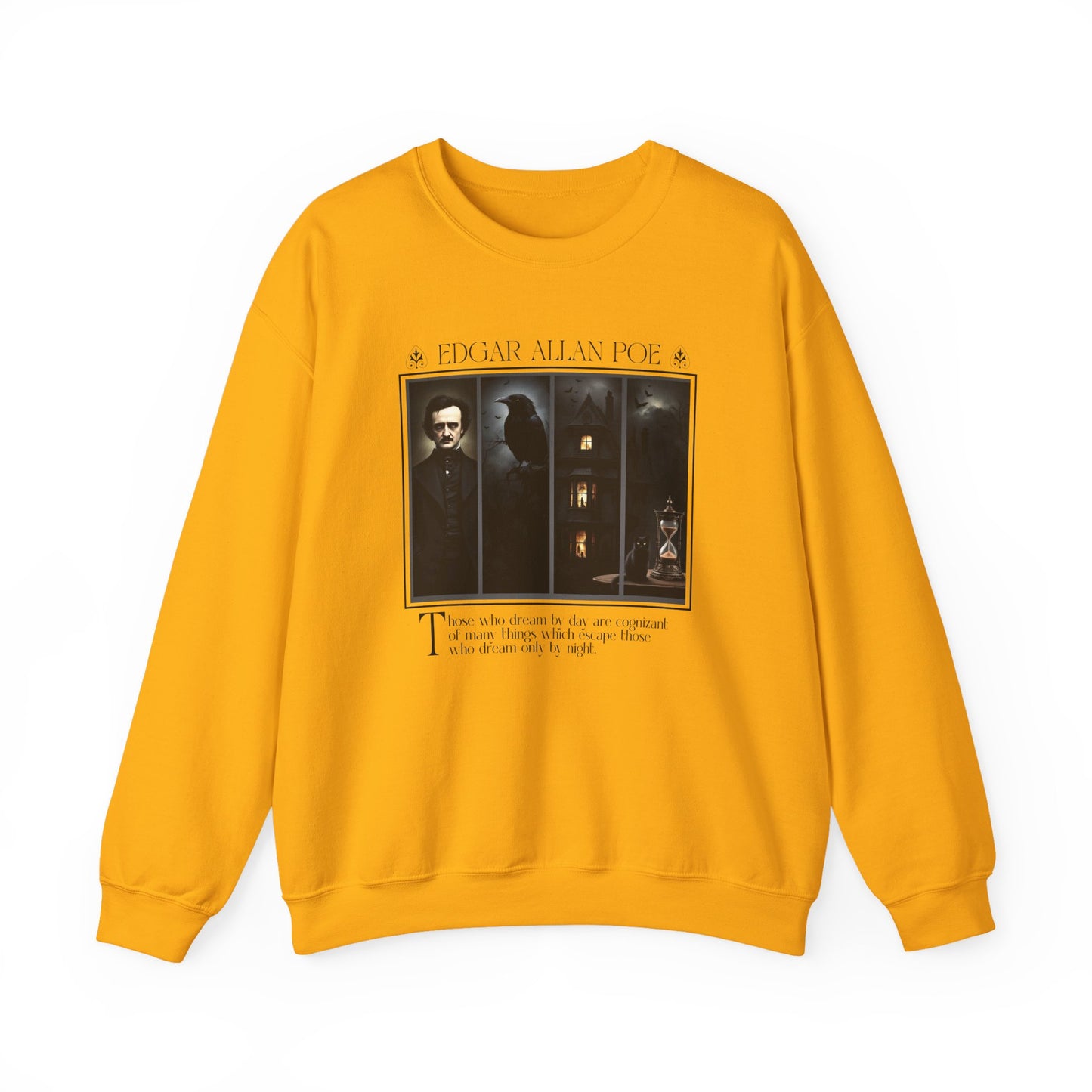 Edgar Allan Poe Sweatshirt The Raven Nevermore Gothic Horror Sweater Dark Academia Macabre Halloween Gift for Book Lovers Birthday Christmas Sweatshirt Printify Gold S