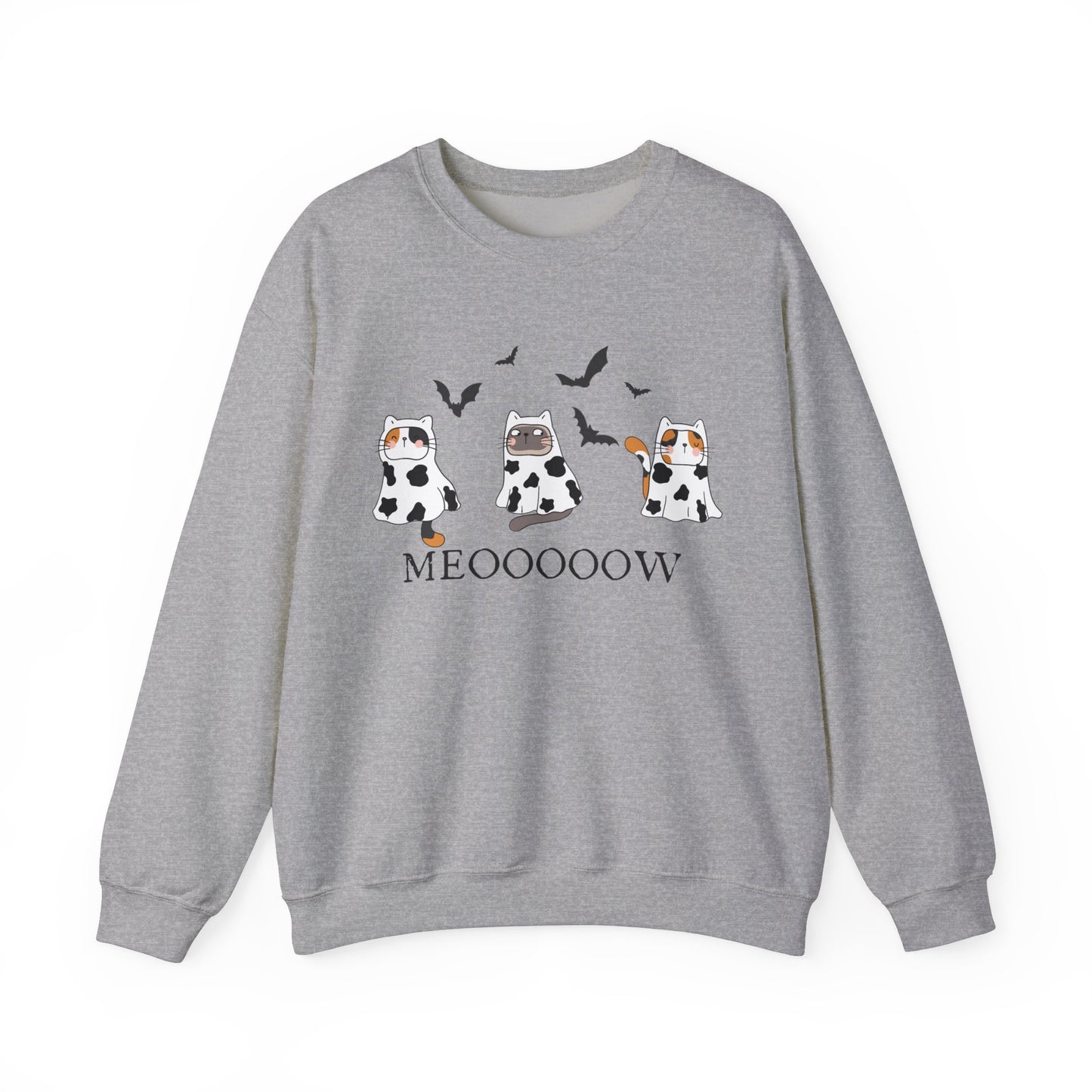Cute Halloween Cow Ghost Cats Sweatshirt, Cats in Cow Ghost Costumes, Spooky Season Sweater, Halloween Party Shirt, Cat Lover Gift Sweatshirt Printify S Sport Grey