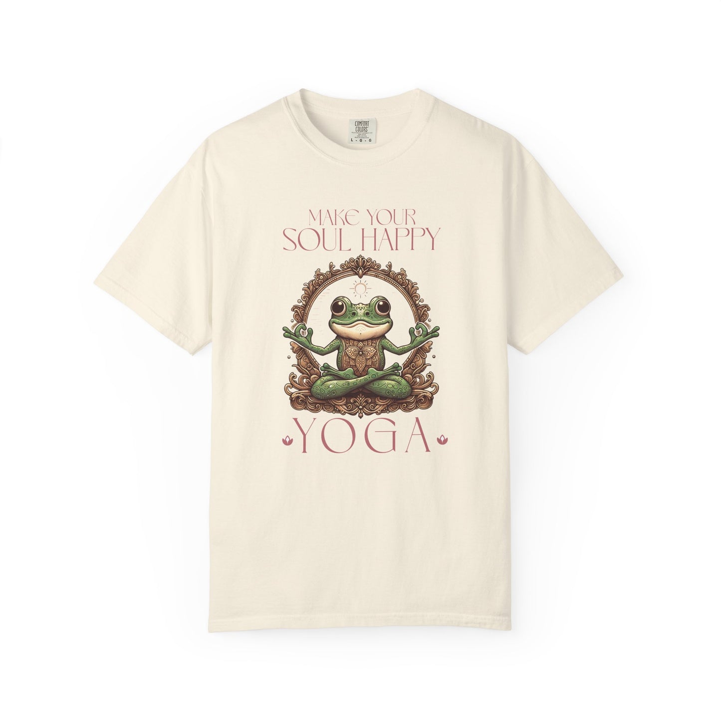 Pink Yoga Frog Make Your Soul Happy Unisex T-Shirt, Casual Wear, Highlander Fan Gift, T-Shirt Printify Ivory S