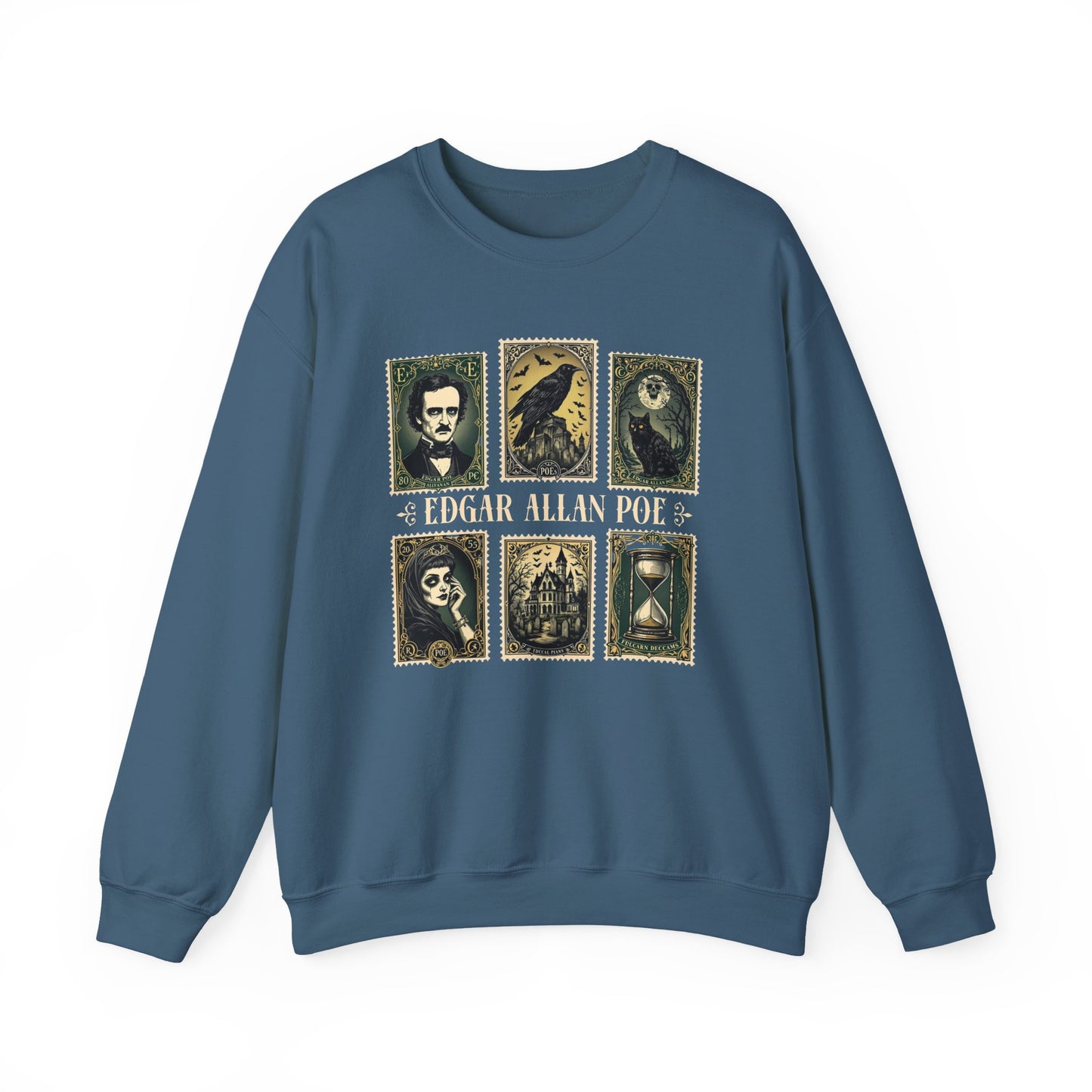 Edgar Allan Poe Sweatshirt The Raven Nevermore Gothic Horror Sweater Dark Academia Macabre Halloween Gift for Book Lovers Birthday Christmas Sweatshirt Printify Indigo Blue S