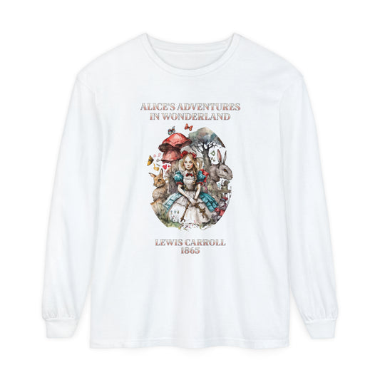 Alice in Wonderland Vintage Long Sleeve Shirt, Lewis Carroll Dark Academia TShirt, Mad Hatter Tea Party Queen of Hearts Bookish Booktok Gift Long-sleeve Printify White S