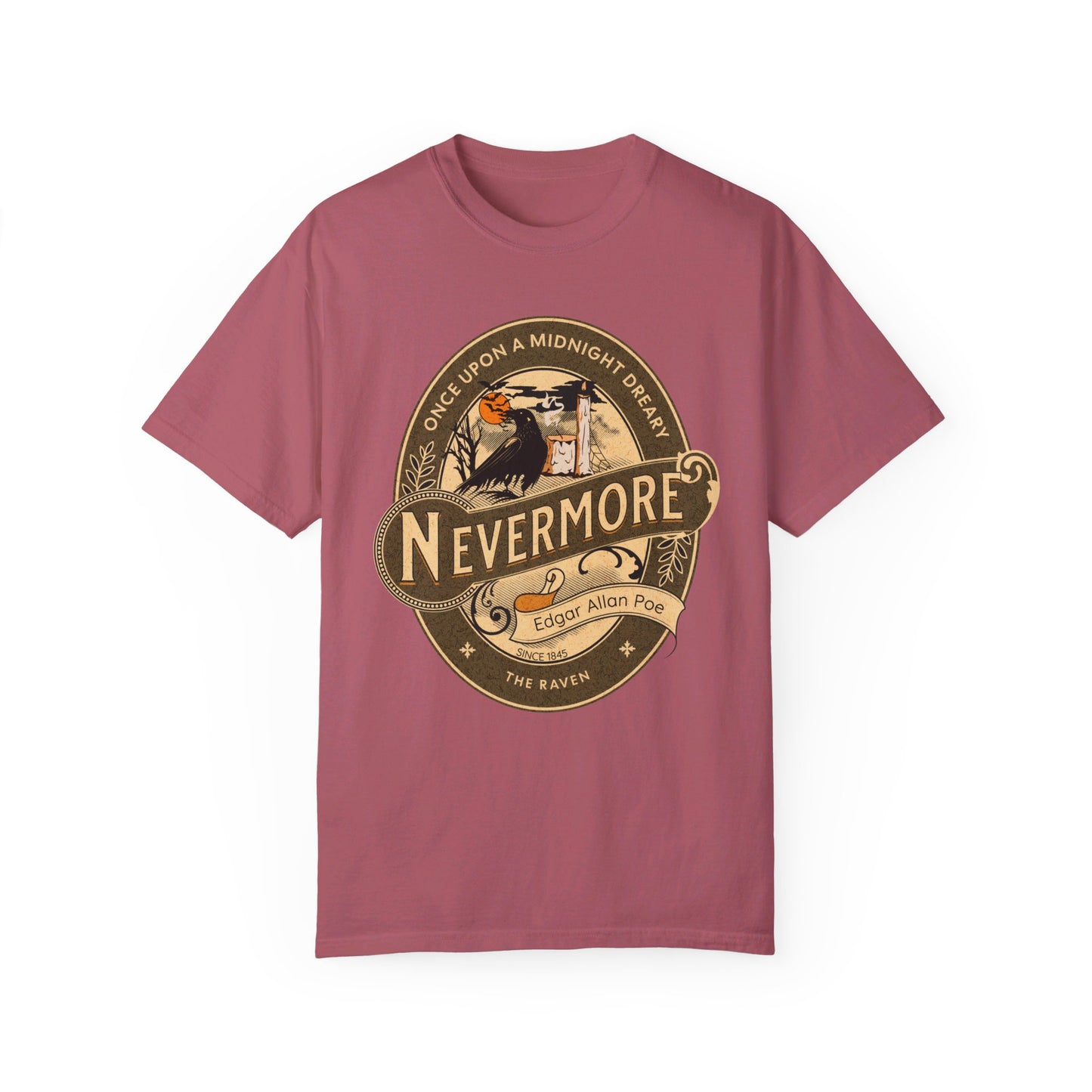 Edgar Allan Poe Shirt, Nevermore The Raven Tee, Book, Reading Lover Shirt, Halloween, Gothic, Light Academia Gifts, Comfort Colours TShirt T-Shirt Printify Crimson S