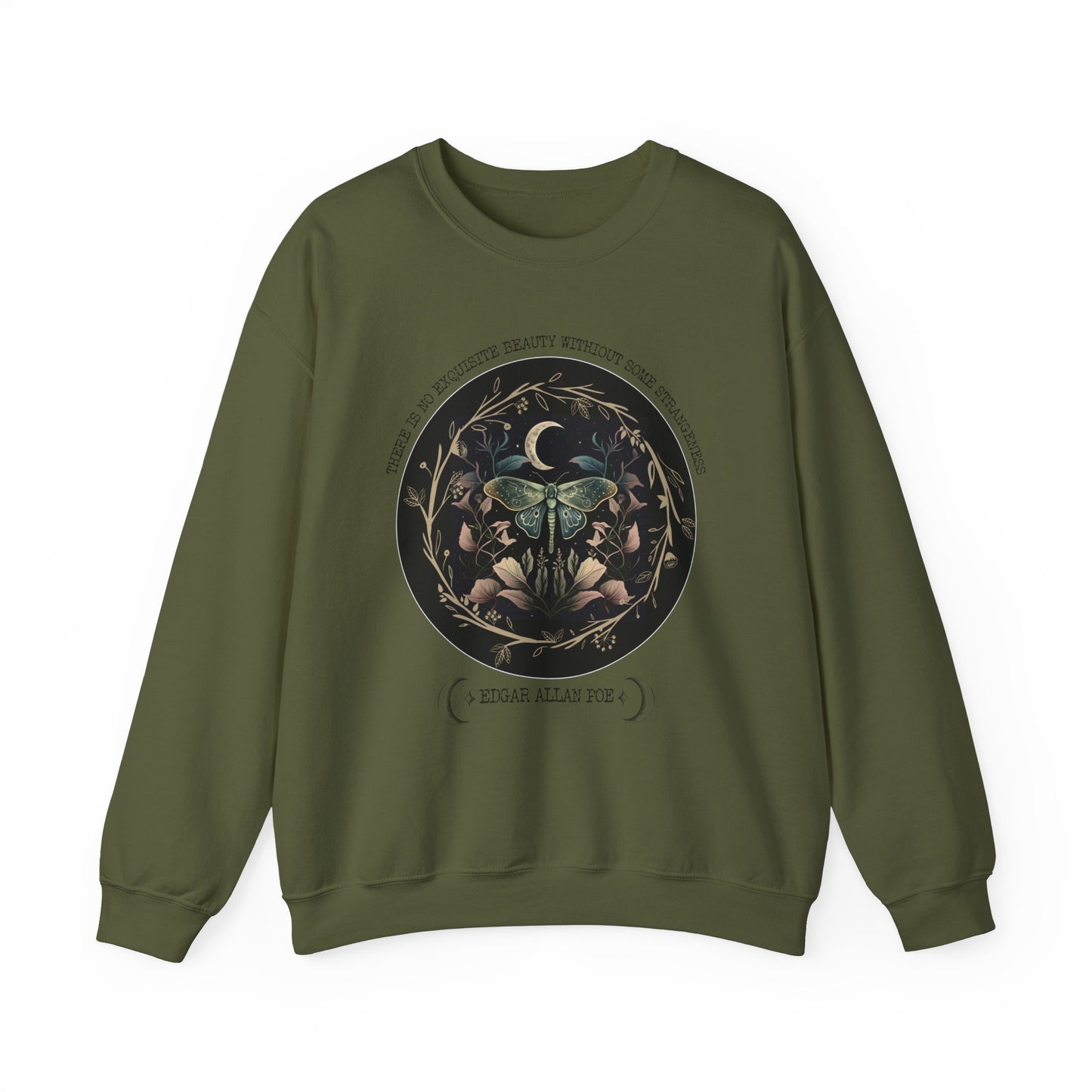 Edgar Allan Poe, Fairycore Night Garden Sweatshirt, Book Lover, Haunting Gothic Botanical Gift, Light, Dark Academia, Literature Sweater Sweatshirt Printify S Military Green