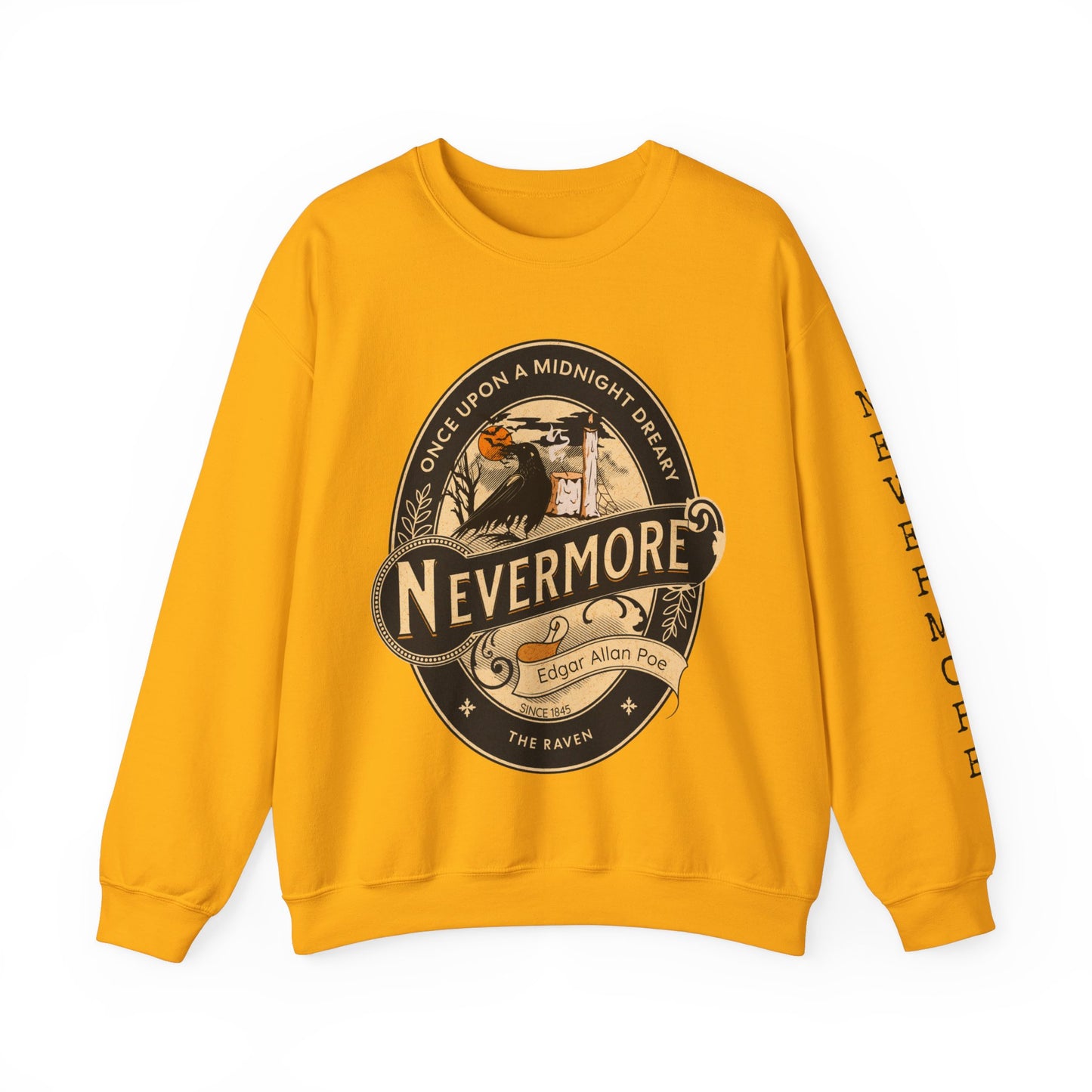 Edgar Allan Poe, Sleeve Print Nevermore The Raven Sweatshirt, Book Lover, Halloween, Haunting Gothic Gift, Light, Dark Academia, Horror Movie Sweater Sweatshirt Printify S Gold
