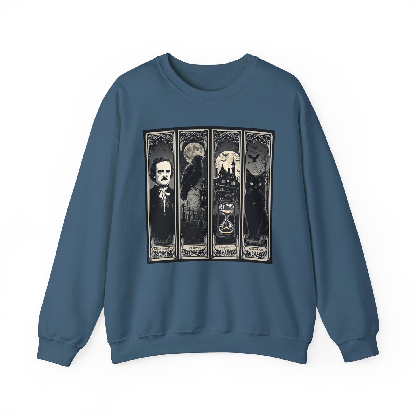 Edgar Allan Poe Sweatshirt The Raven Nevermore Gothic Horror Sweater Dark Academia Macabre Halloween Gift for Book Lovers Birthday Christmas Sweatshirt Printify Indigo Blue S