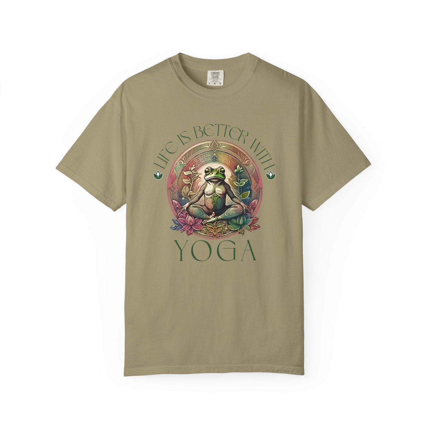 Green Yoga Frog Life Is Better With Yoga Unisex T-Shirt, Casual Wear, Highlander Fan Gift, T-Shirt Printify Khaki S