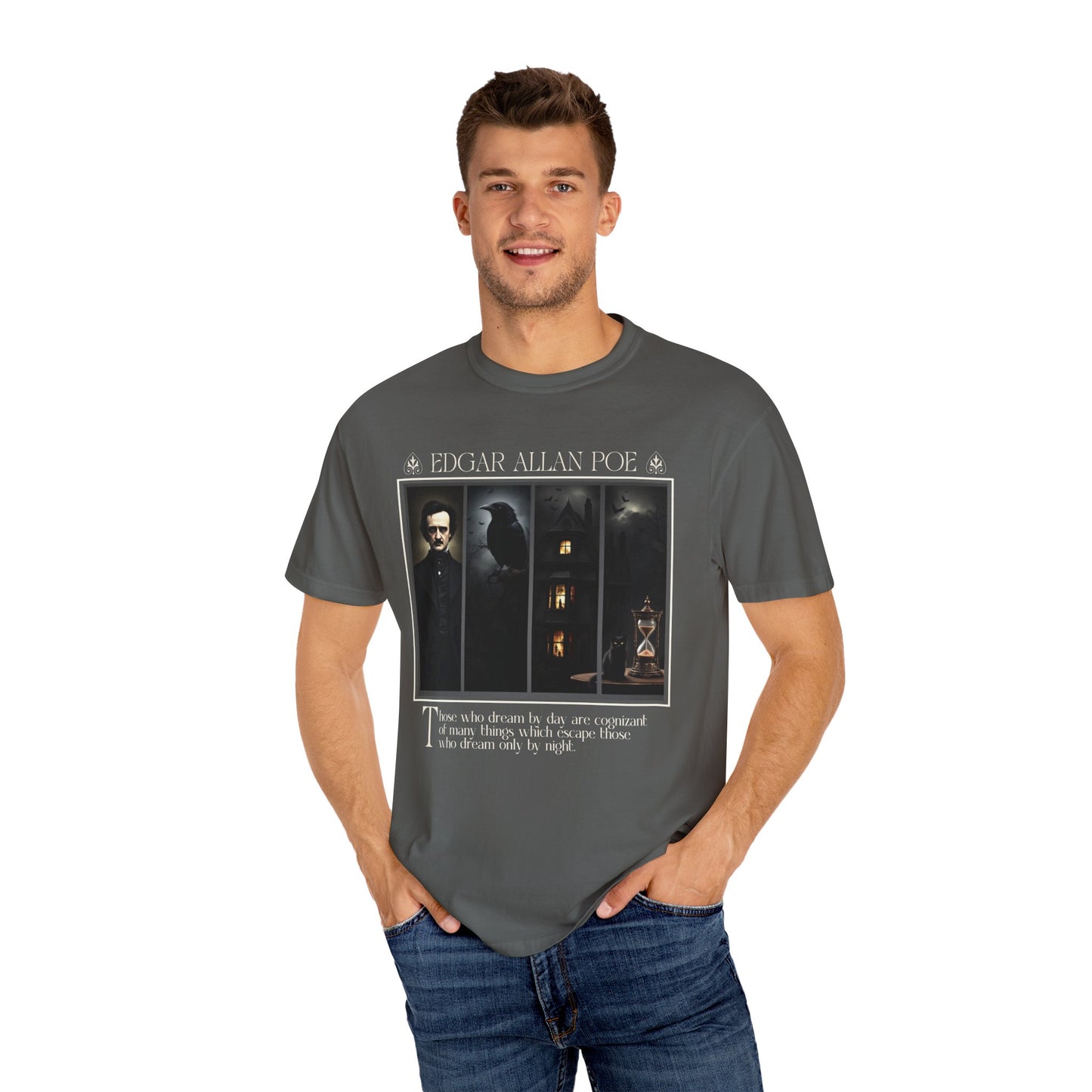 Edgar Allan Poe T-Shirt Gothic Graphic Tee The Raven Nevermore Quote Horror Literature Shirt Dark Academia Aesthetic Halloween Party Gift