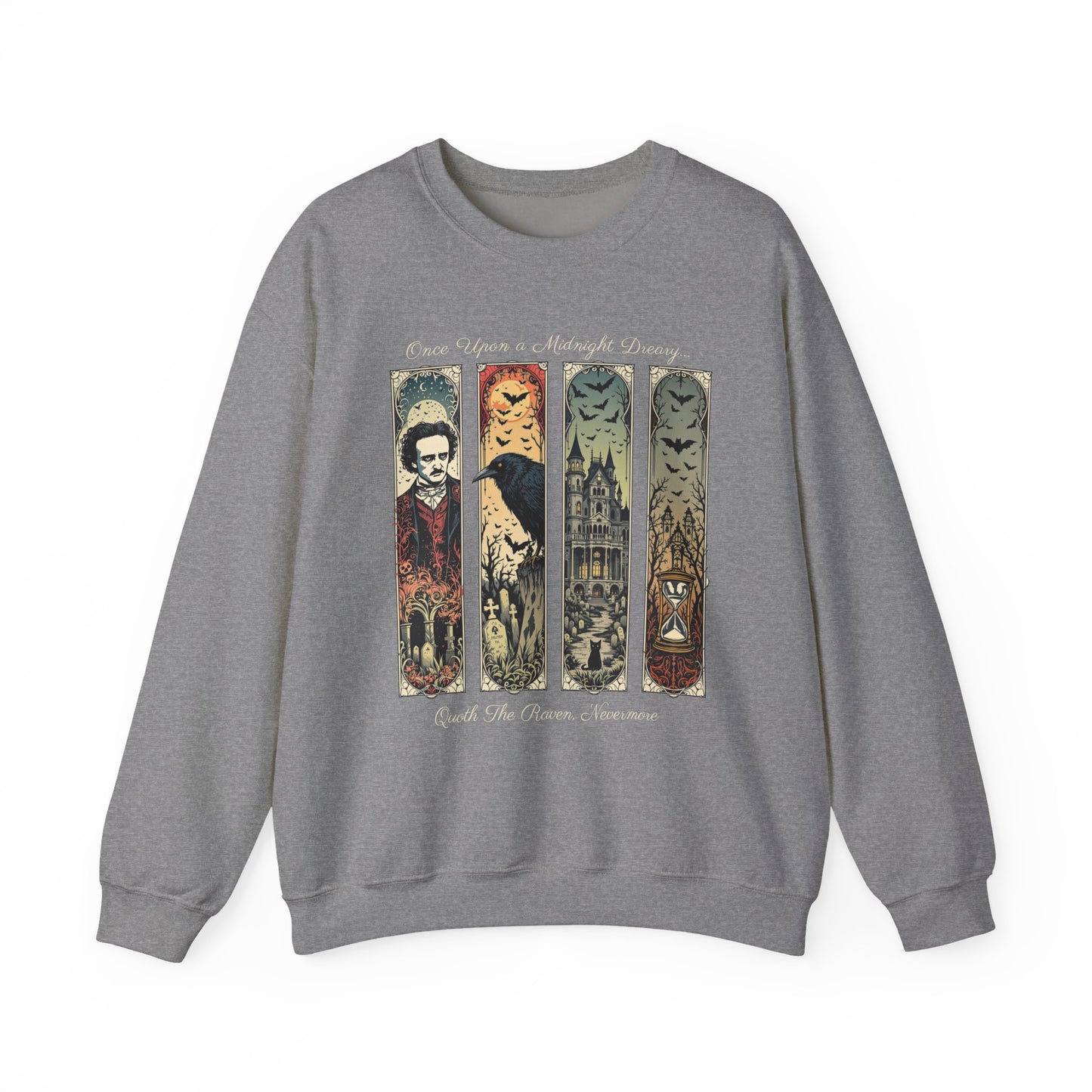 Edgar Allan Poe Sweatshirt The Raven Nevermore Gothic Horror Sweater Dark Academia Macabre Halloween Gift for Book Lovers Birthday Christmas Sweatshirt Printify Graphite Heather S