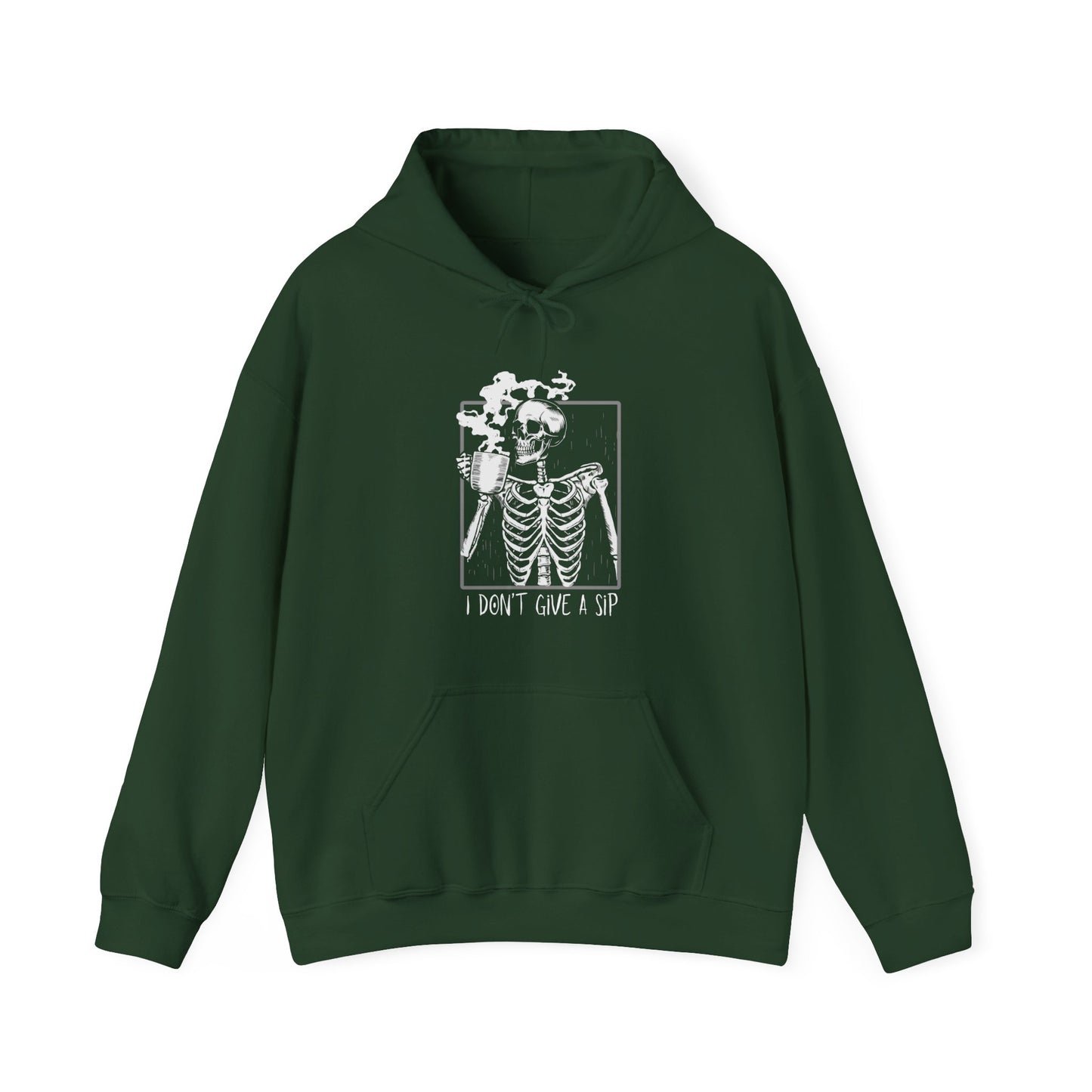 Halloween Skeleton Hoodie, Funny Coffee Drinking Skeleton, Spooky Season Sweater, Trick or Treating Shirt, Warm Halloween Party Hoodie Hoodie Printify Forest Green S