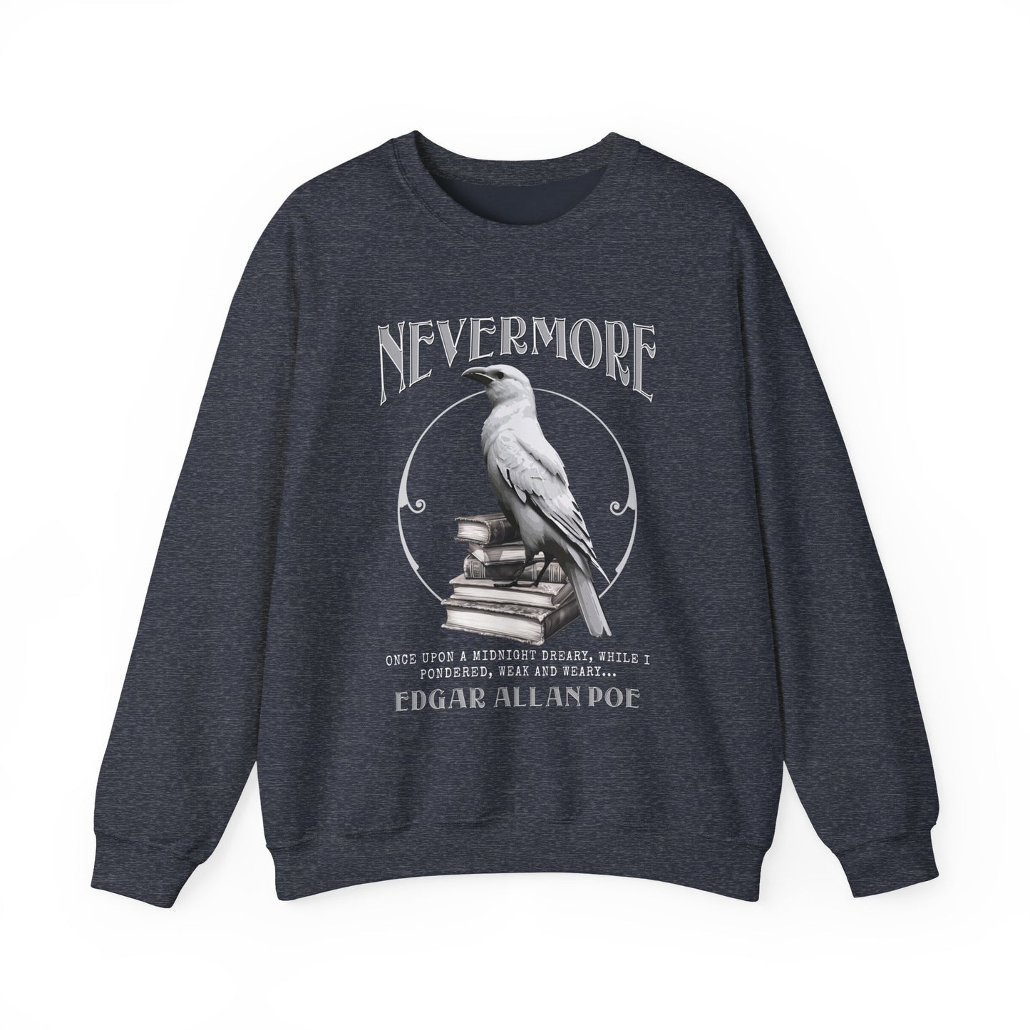 The White Raven Edgar Allan Poe Nevermore Sweatshirt Book Lover Halloween Haunting Gothic Gift Light Dark Academia Horror Movie Bookclub Sweater Sweatshirt Printify S Heather Sport Dark Navy