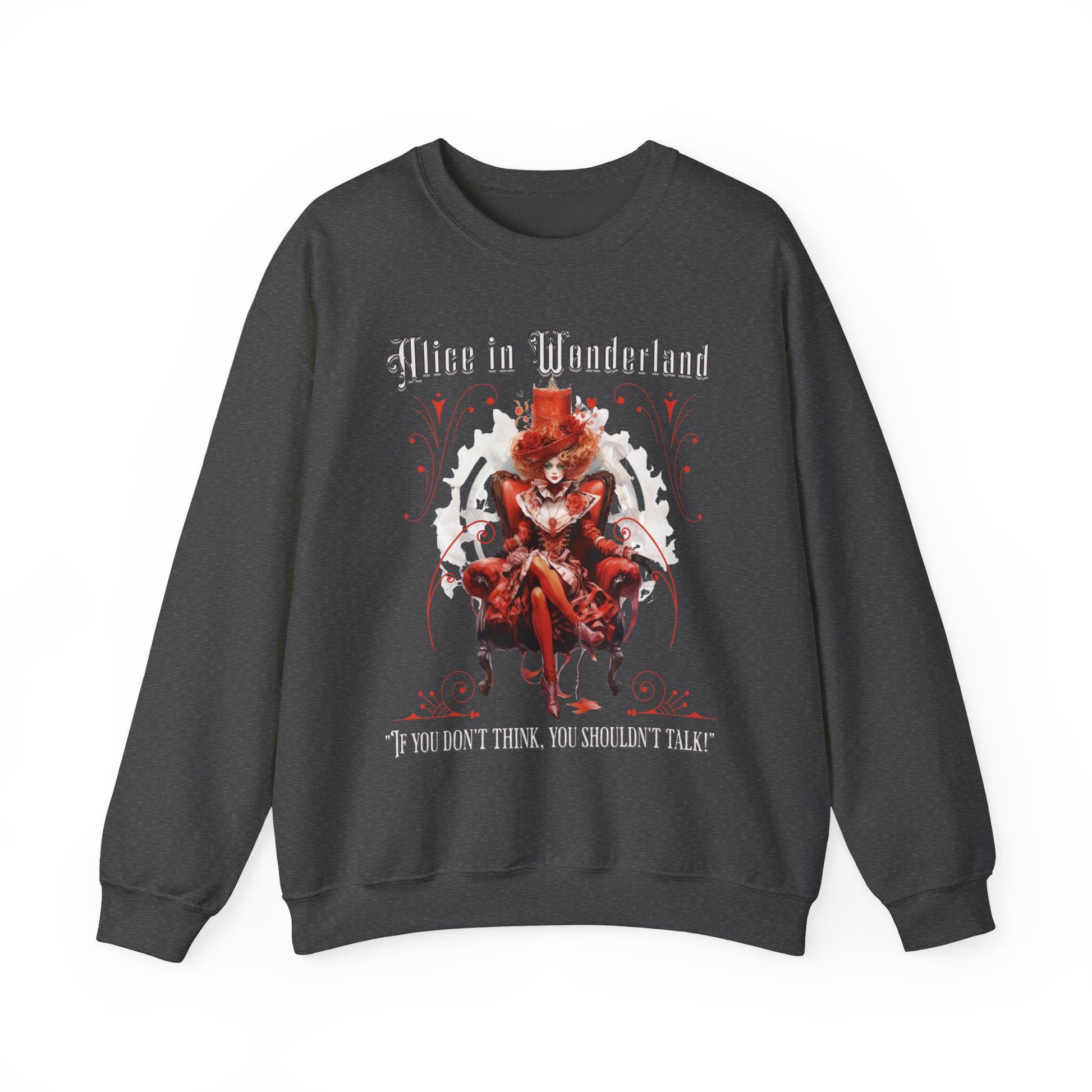 Queen of Hearts Sweatshirt, Alice In Wonderland Lewis Carroll Whimsigoth Academia Sweater Mad Hatter Tea Party Tee Bookish Booktok Gift Sweatshirt Printify S Dark Heather