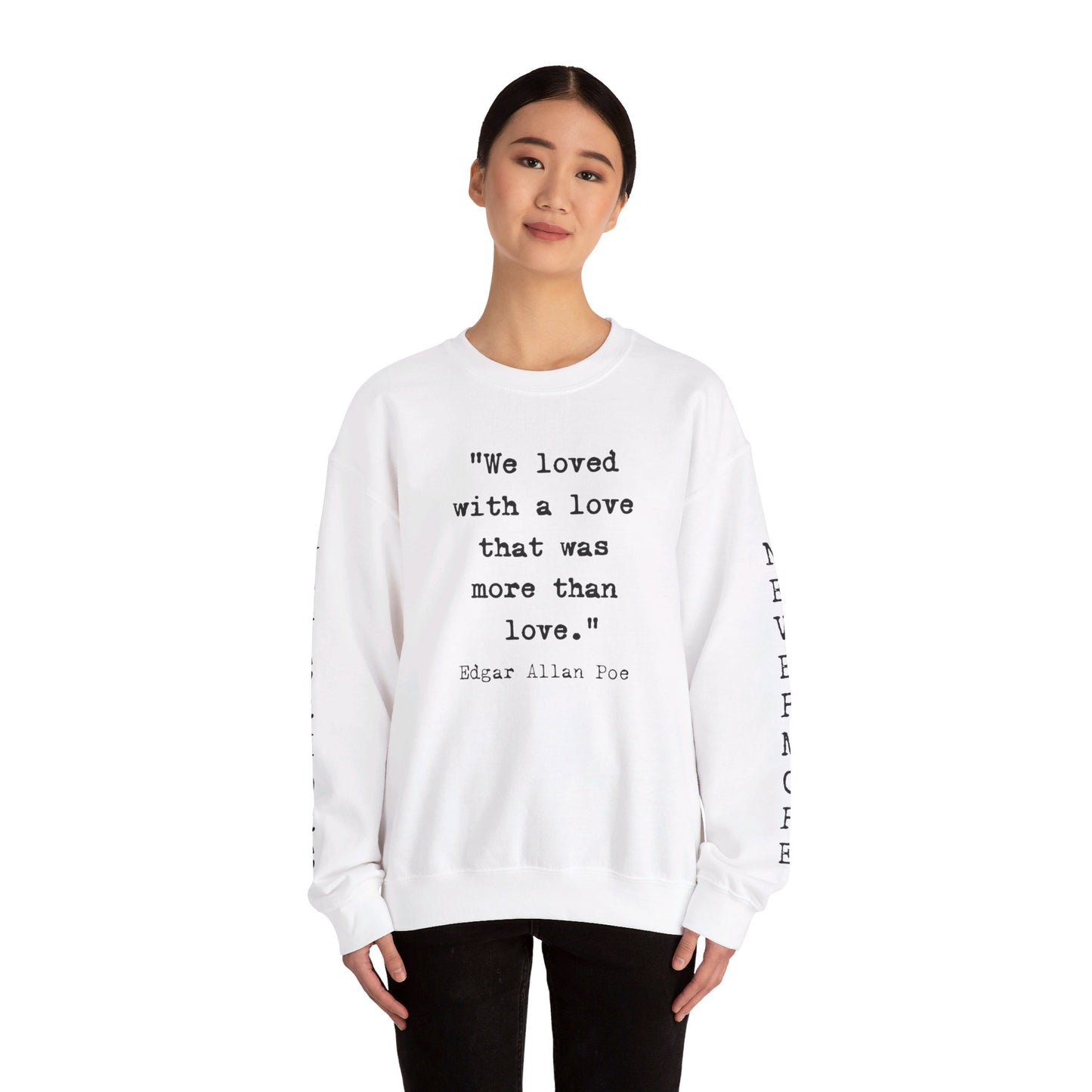 Edgar Allan Poe Sleeve Print Vintage Raven Poem Sweatshirt, Poetry Book Lover Sweater, Haunting Gothic Gift, Light, Dark Academia, Nevermore Sweatshirt Printify