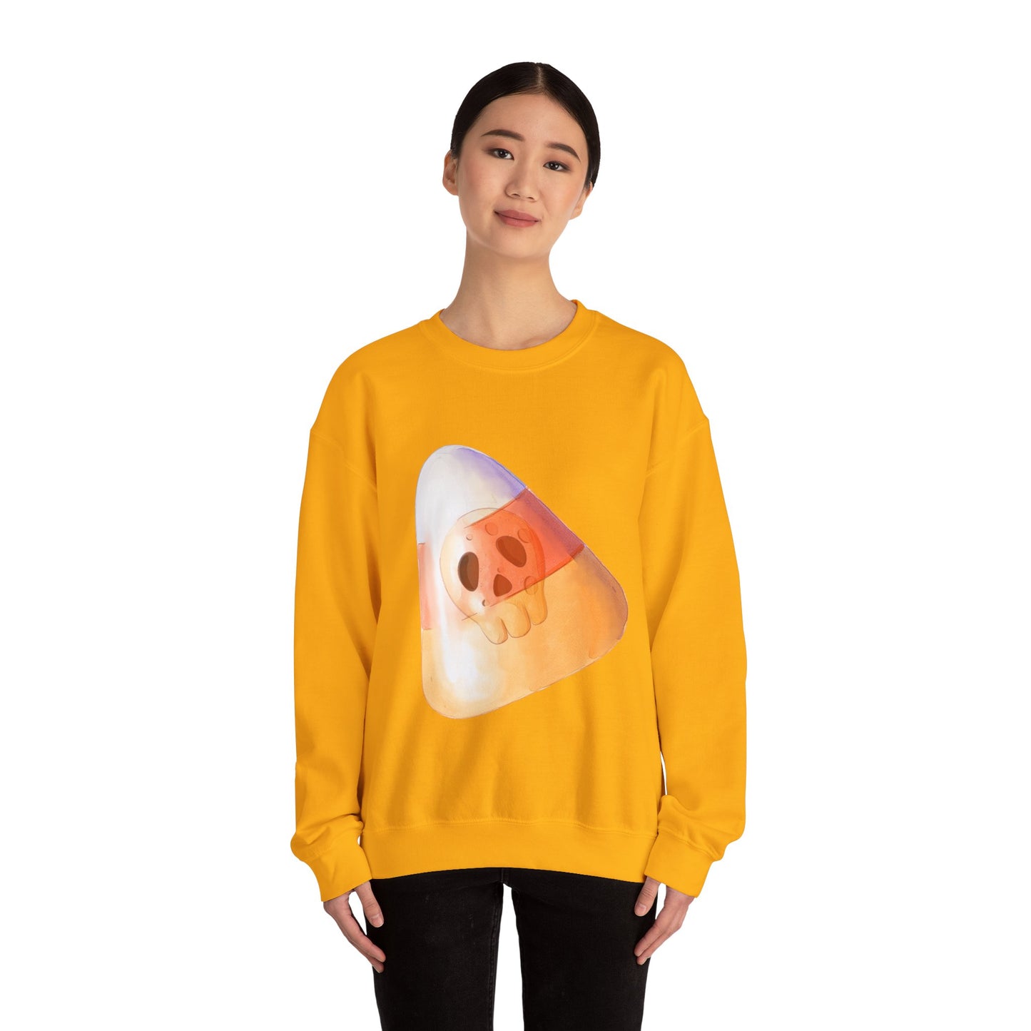 Halloween Candy Corn With Skull Face Sweatshirt, Trick or Treat Shirt, Spooky Ghost Season, Fun Halloween Fall Festival Party Sweater Sweatshirt Printify