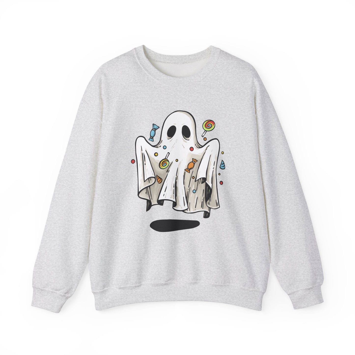 Cute Halloween Ghost Floating, Covered in Candy Sweatshirt, Trick or Treat Shirt, Spooky Ghost Season, Fun Halloween Party, Festival Sweater Sweatshirt Printify S Ash