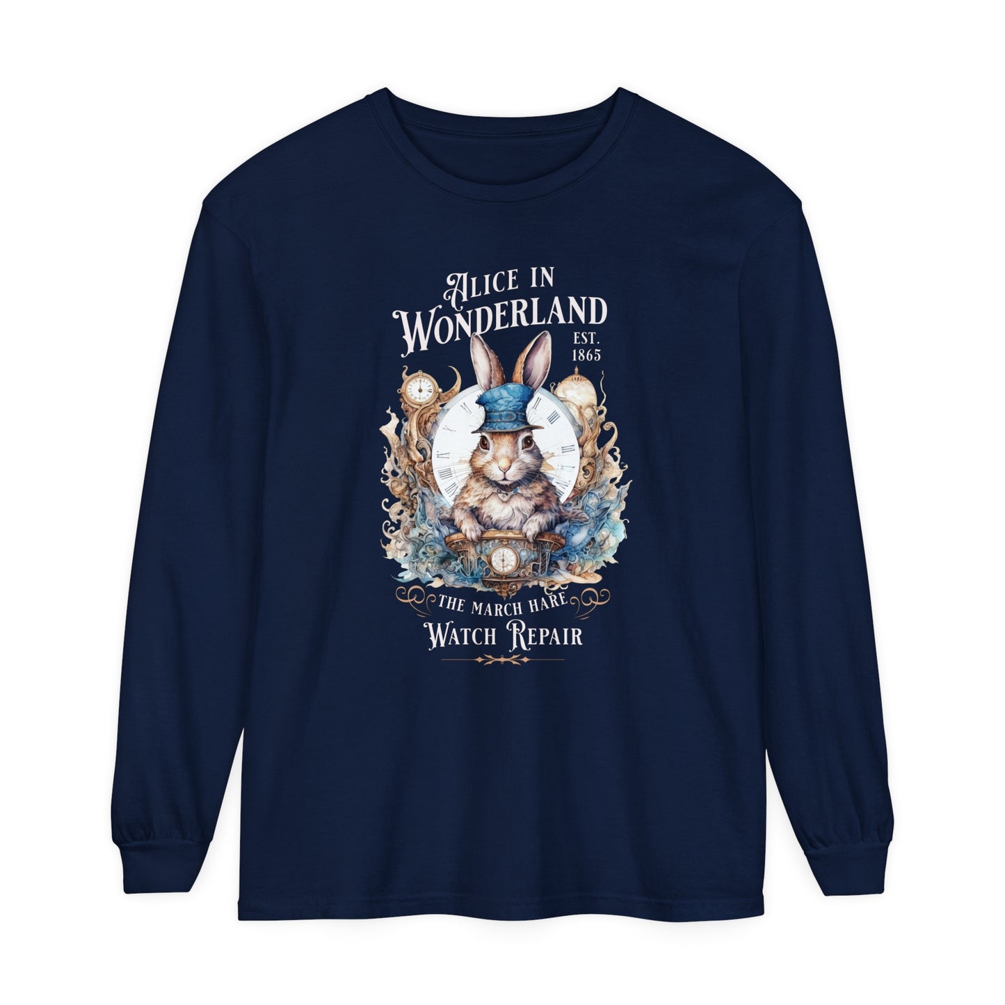 Alice in Wonderland Long Sleeve Shirt, Lewis Carroll Dark Academia TShirt, Mad Hatter Tea Party March Hare White Rabbit Bookish Booktok Gift Long-sleeve Printify True Navy S