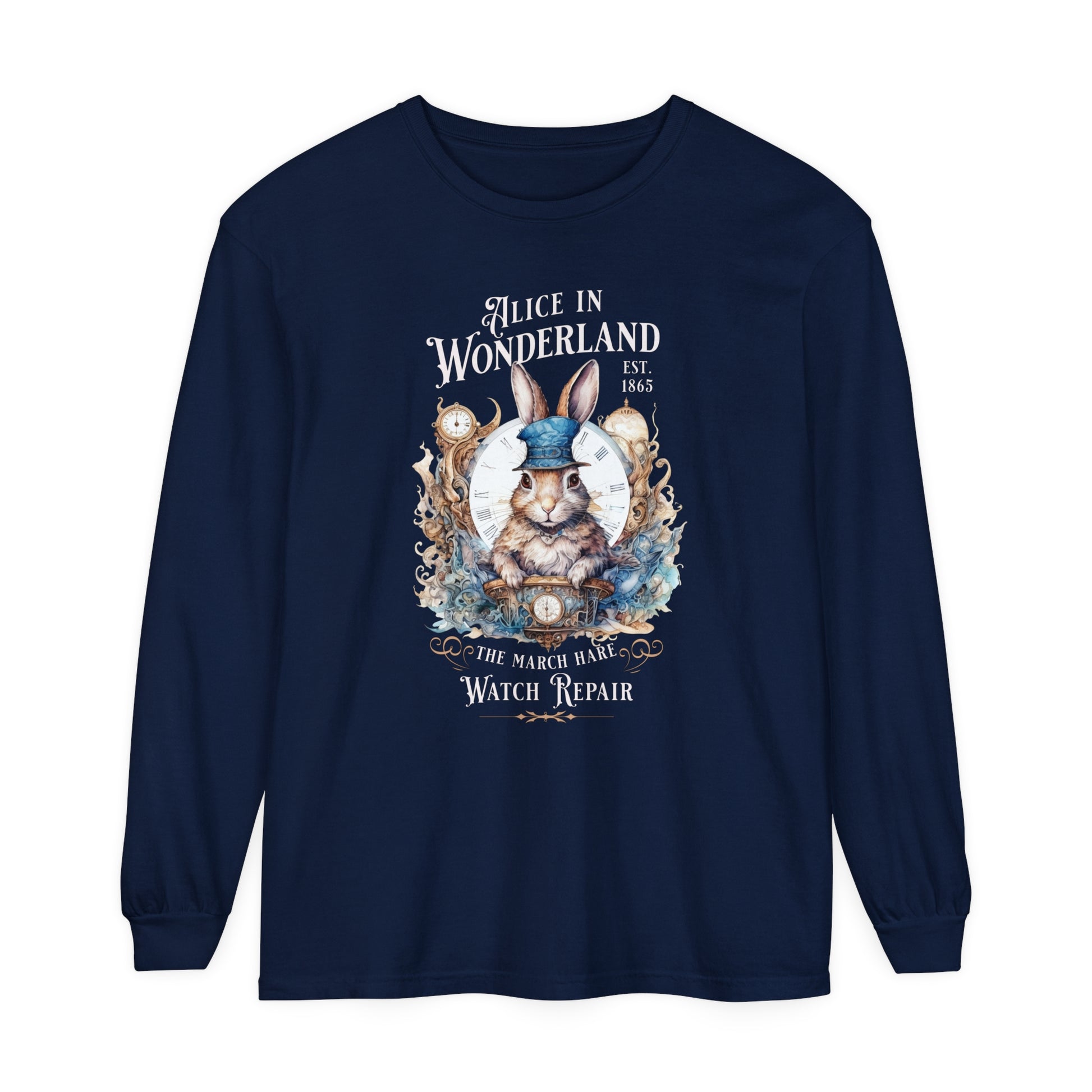 Alice in Wonderland Long Sleeve Shirt, Lewis Carroll Dark Academia TShirt, Mad Hatter Tea Party March Hare White Rabbit Bookish Booktok Gift Long-sleeve Printify True Navy S
