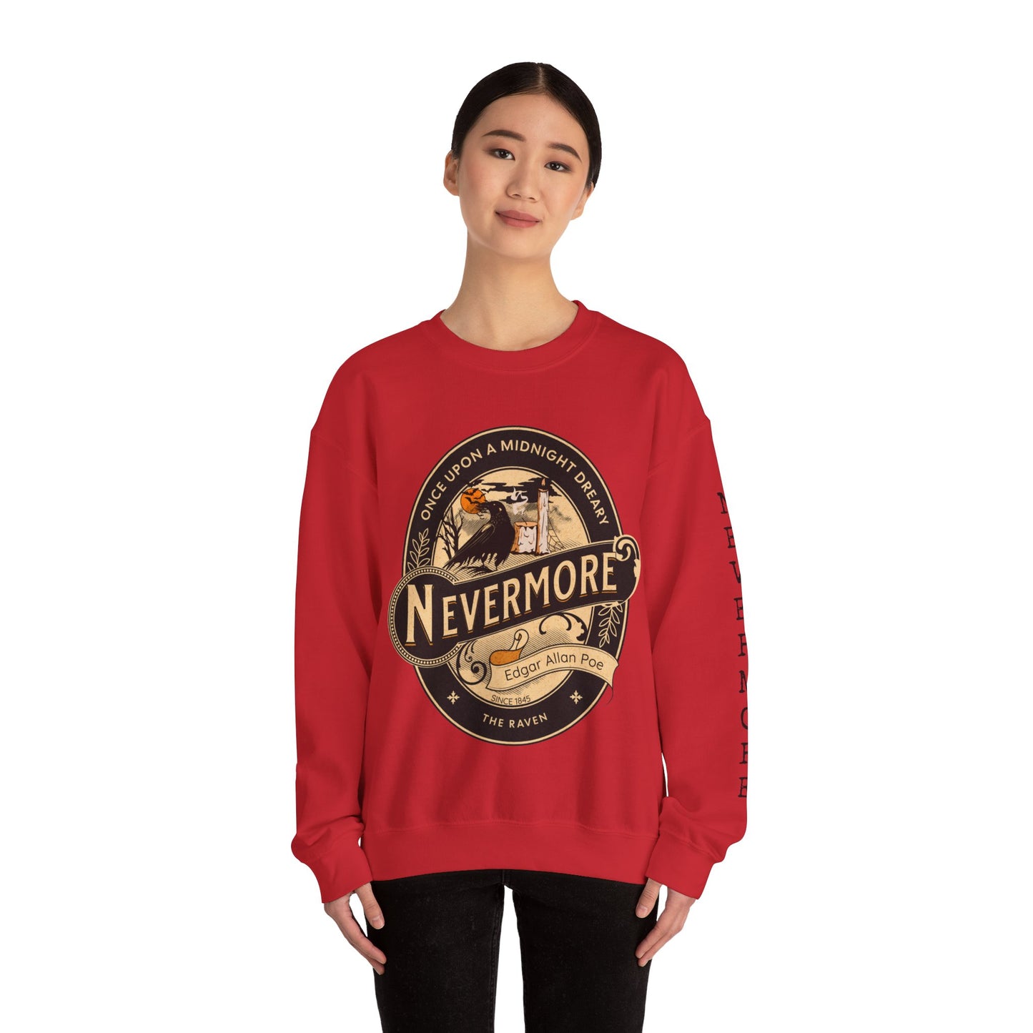 Edgar Allan Poe, Sleeve Print Nevermore The Raven Sweatshirt, Book Lover, Halloween, Haunting Gothic Gift, Light, Dark Academia, Horror Movie Sweater Sweatshirt Printify