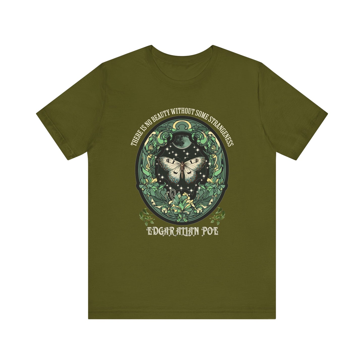 Edgar Allan Poe, Fairycore Night Garden T-Shirt, Book Lover Tee, Haunting Gothic Gift, Light, Dark Academia, Literary Poetry Bookclub Shirt T-Shirt Printify Olive S