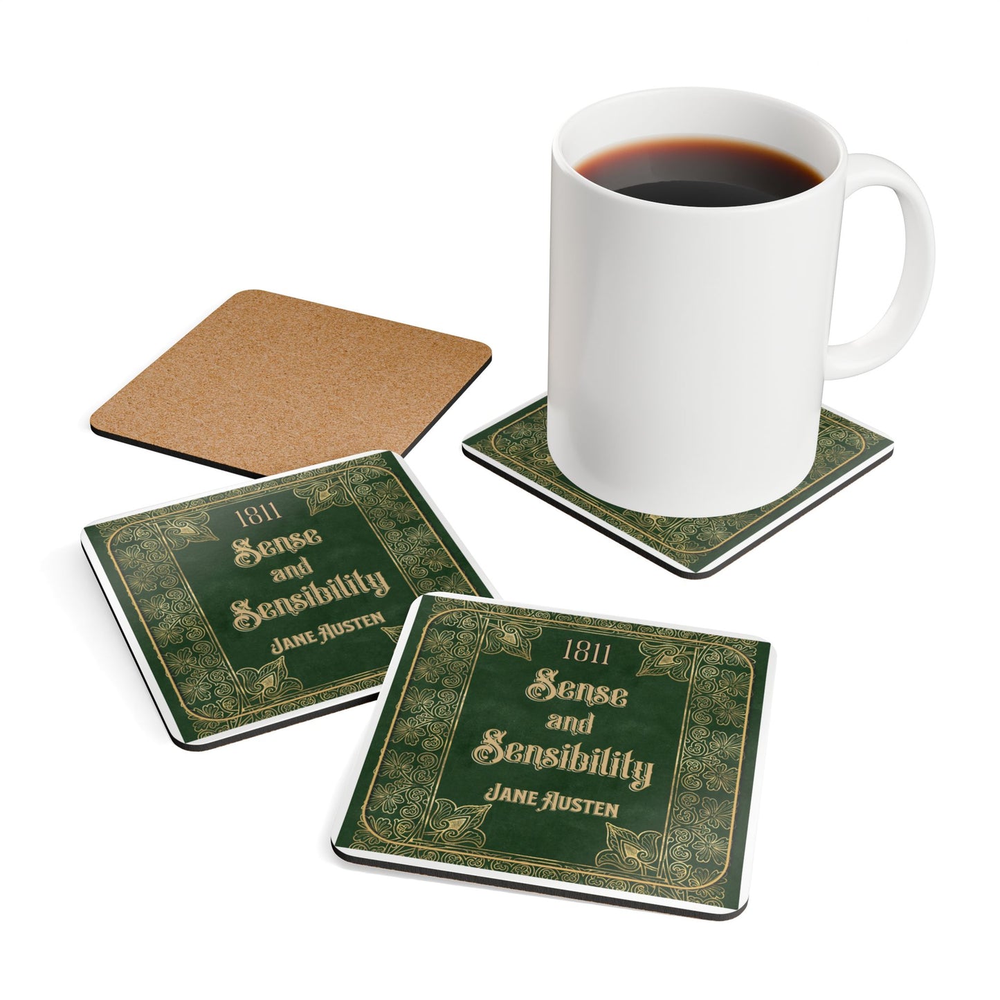Jane Austen Coffee Mug Coasters, Sense And Sensibility Historical Romance Home Decor, Bookish Bookclub Literary Set of 4 Fan Art Gifts Home Decor Printify