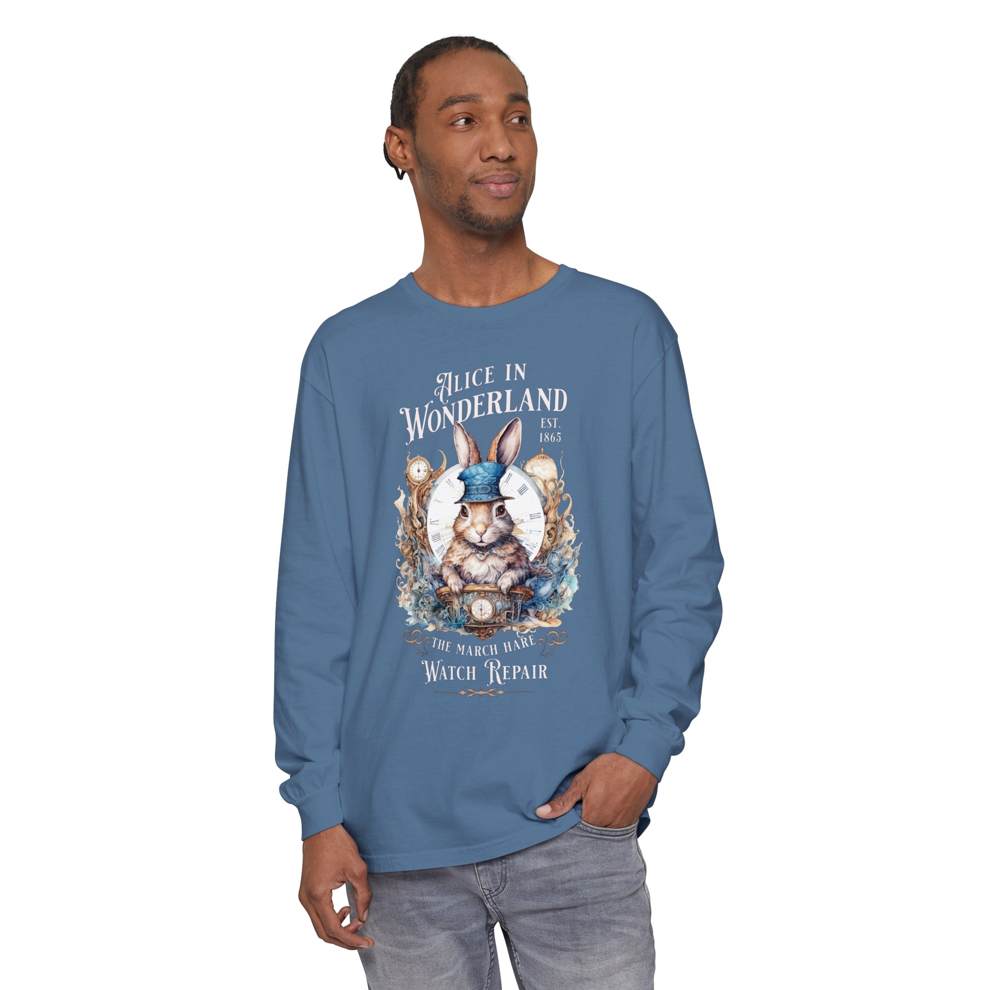 Alice in Wonderland Long Sleeve Shirt, Lewis Carroll Dark Academia TShirt, Mad Hatter Tea Party March Hare White Rabbit Bookish Booktok Gift Long-sleeve Printify