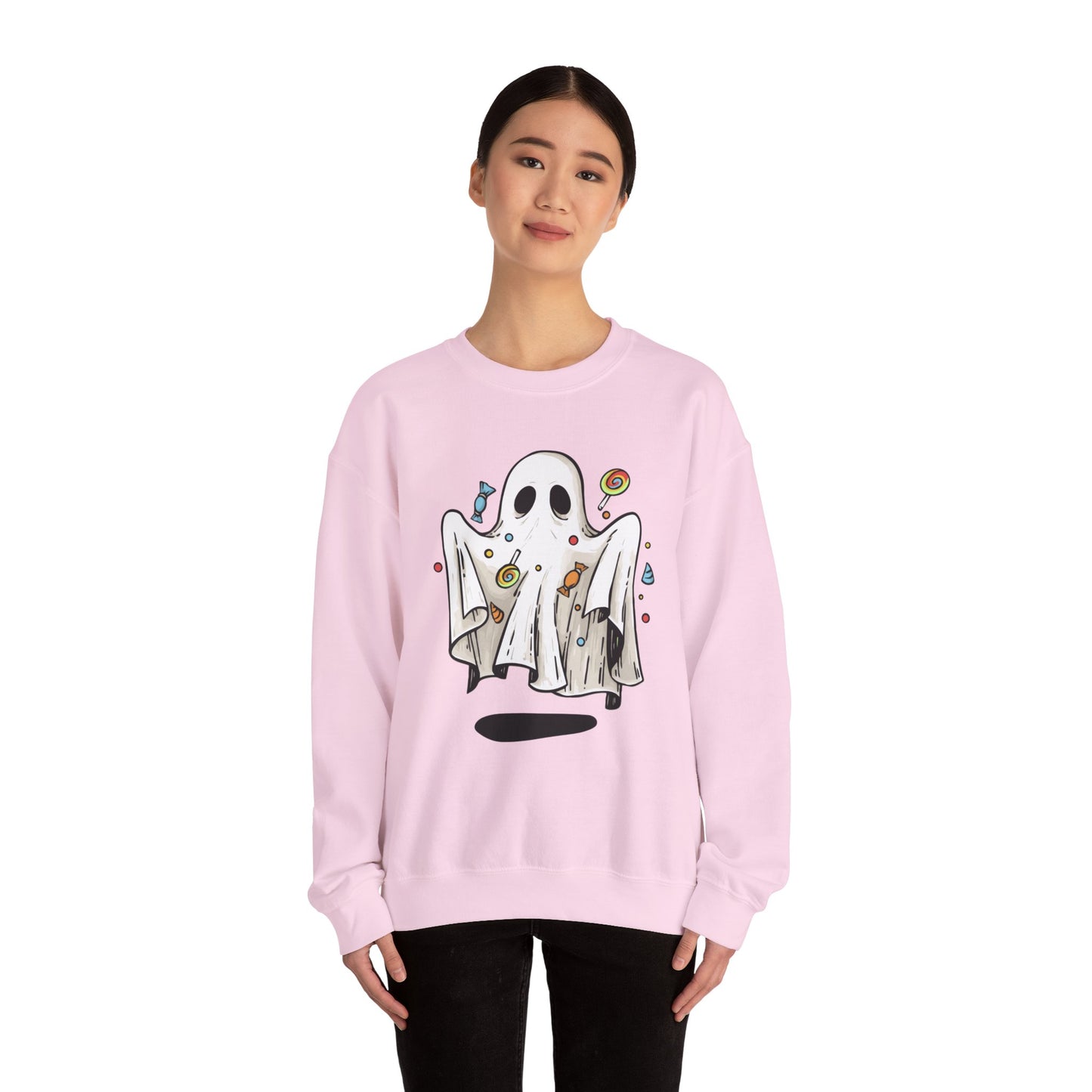 Cute Halloween Ghost Floating, Covered in Candy Sweatshirt, Trick or Treat Shirt, Spooky Ghost Season, Fun Halloween Party, Festival Sweater Sweatshirt Printify