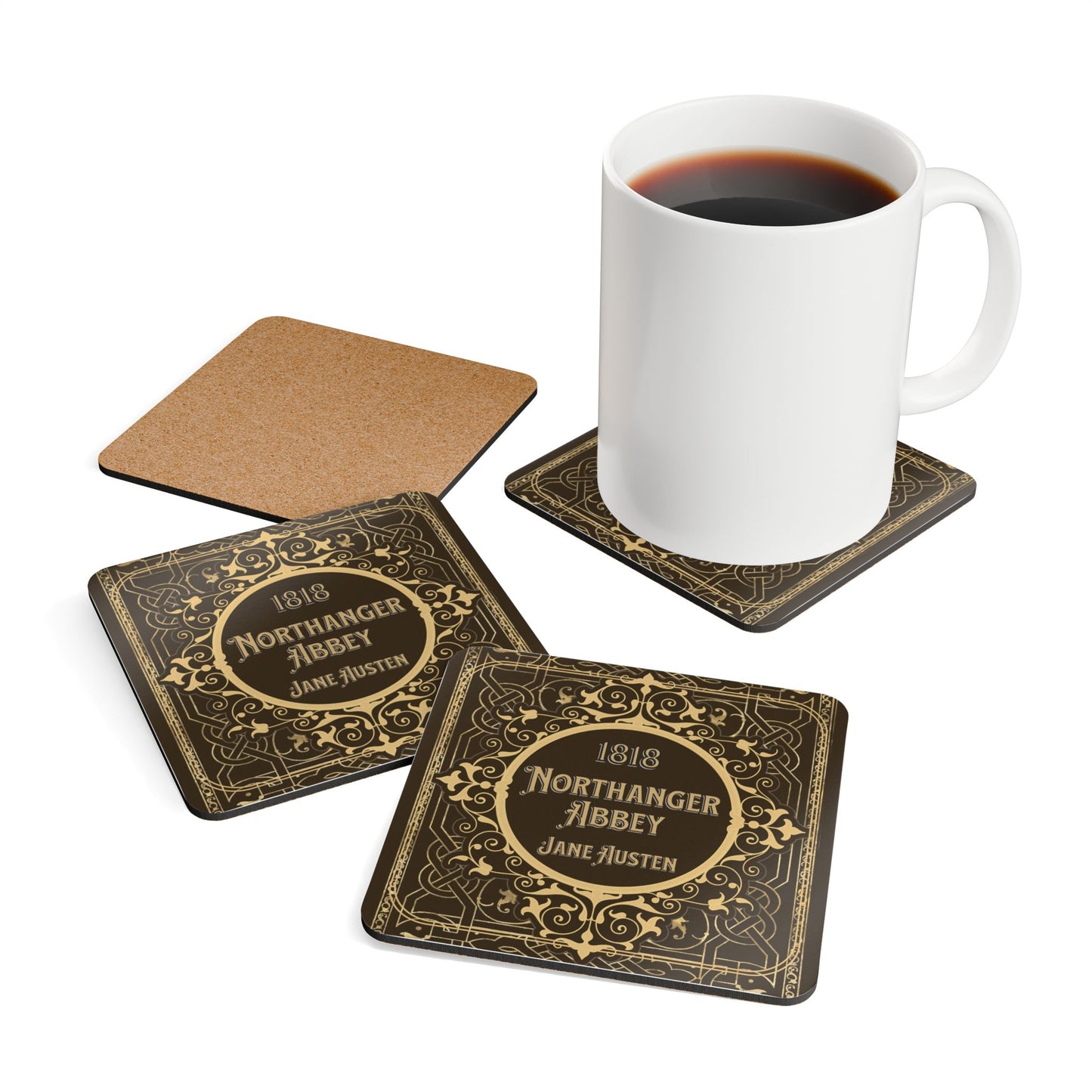 Jane Austen Coffee Mug Coasters, Northanger Abbey Historical Romance Home Decor, Bookish Bookclub Literary Set of 4 Fan Art, Gifts for Her, Home Decor Printify