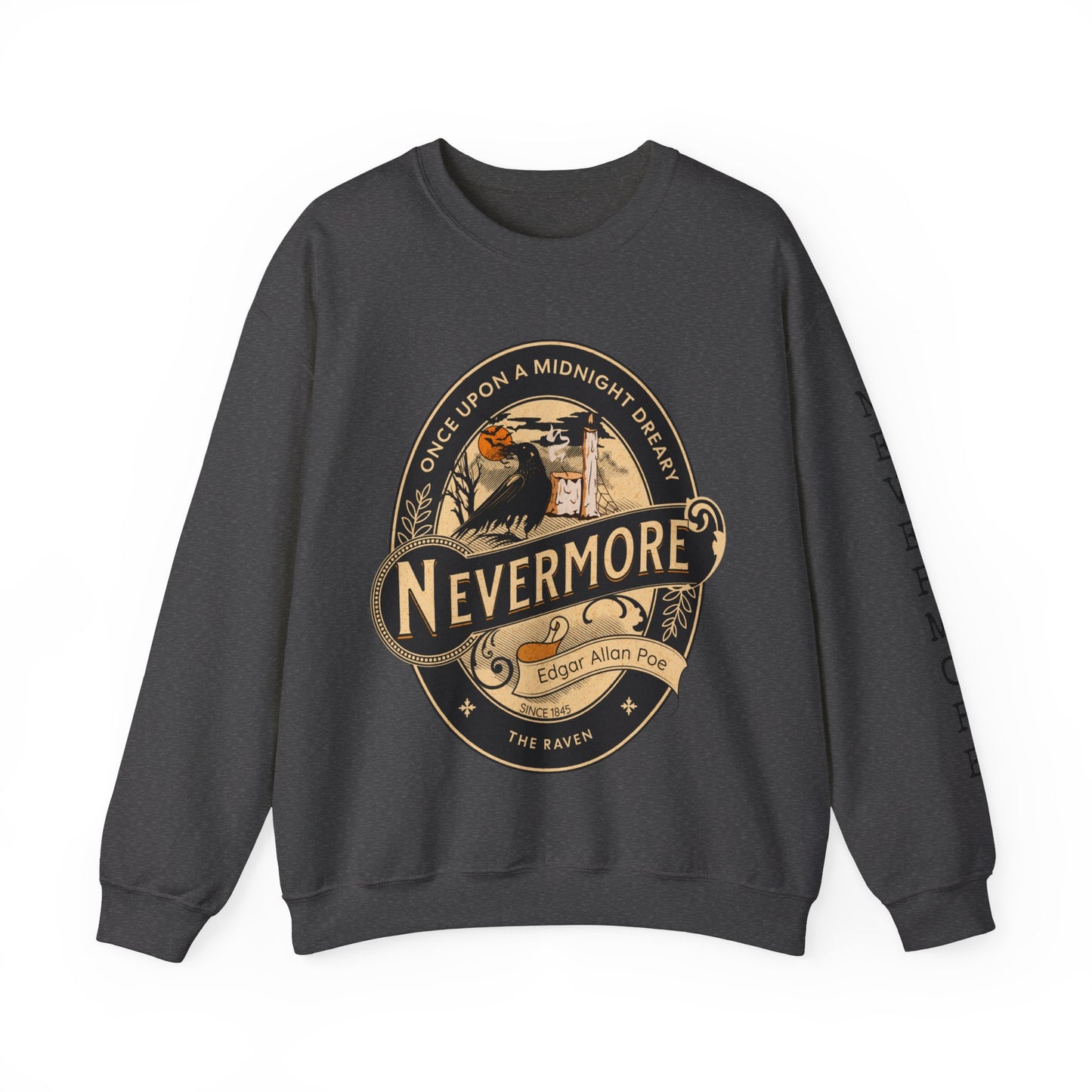 Edgar Allan Poe, Sleeve Print Nevermore The Raven Sweatshirt, Book Lover, Halloween, Haunting Gothic Gift, Light, Dark Academia, Horror Movie Sweater Sweatshirt Printify S Dark Heather
