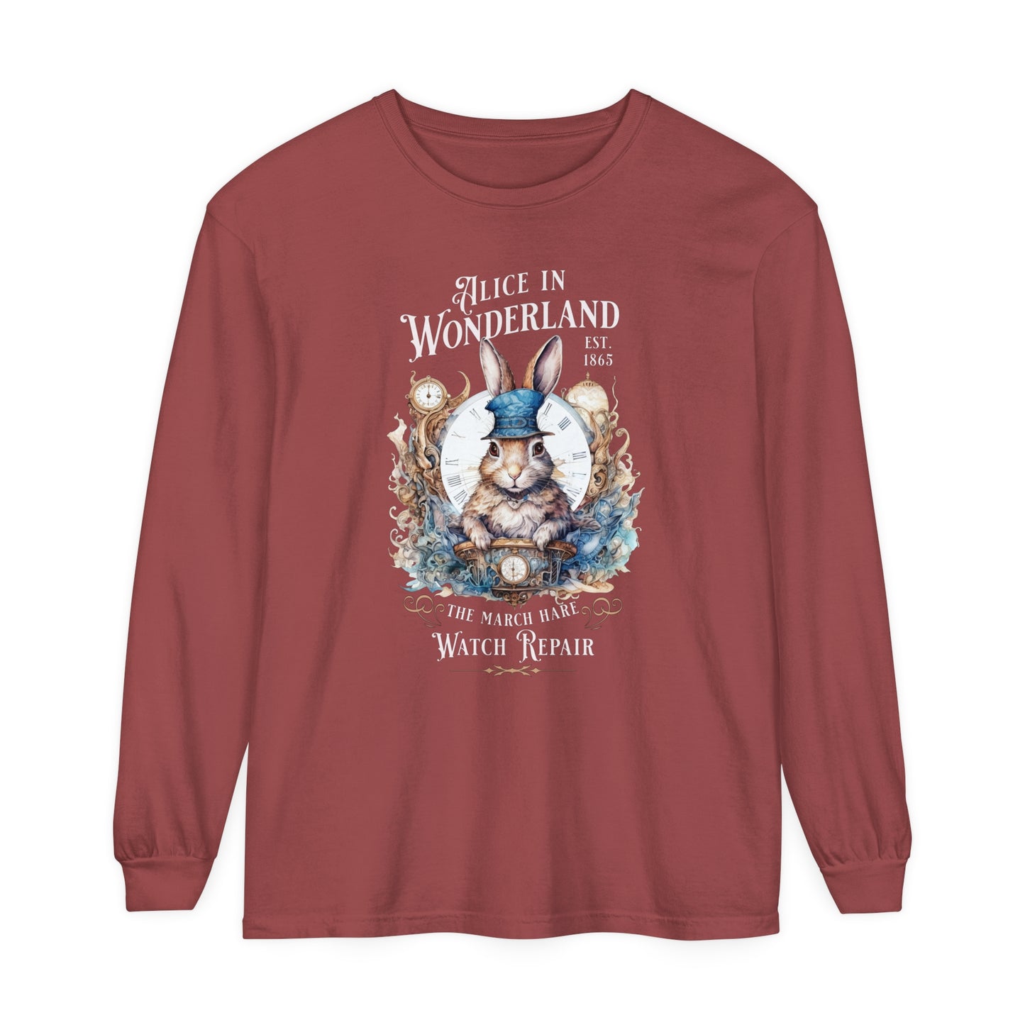 Alice in Wonderland Long Sleeve Shirt, Lewis Carroll Dark Academia TShirt, Mad Hatter Tea Party March Hare White Rabbit Bookish Booktok Gift Long-sleeve Printify Brick S